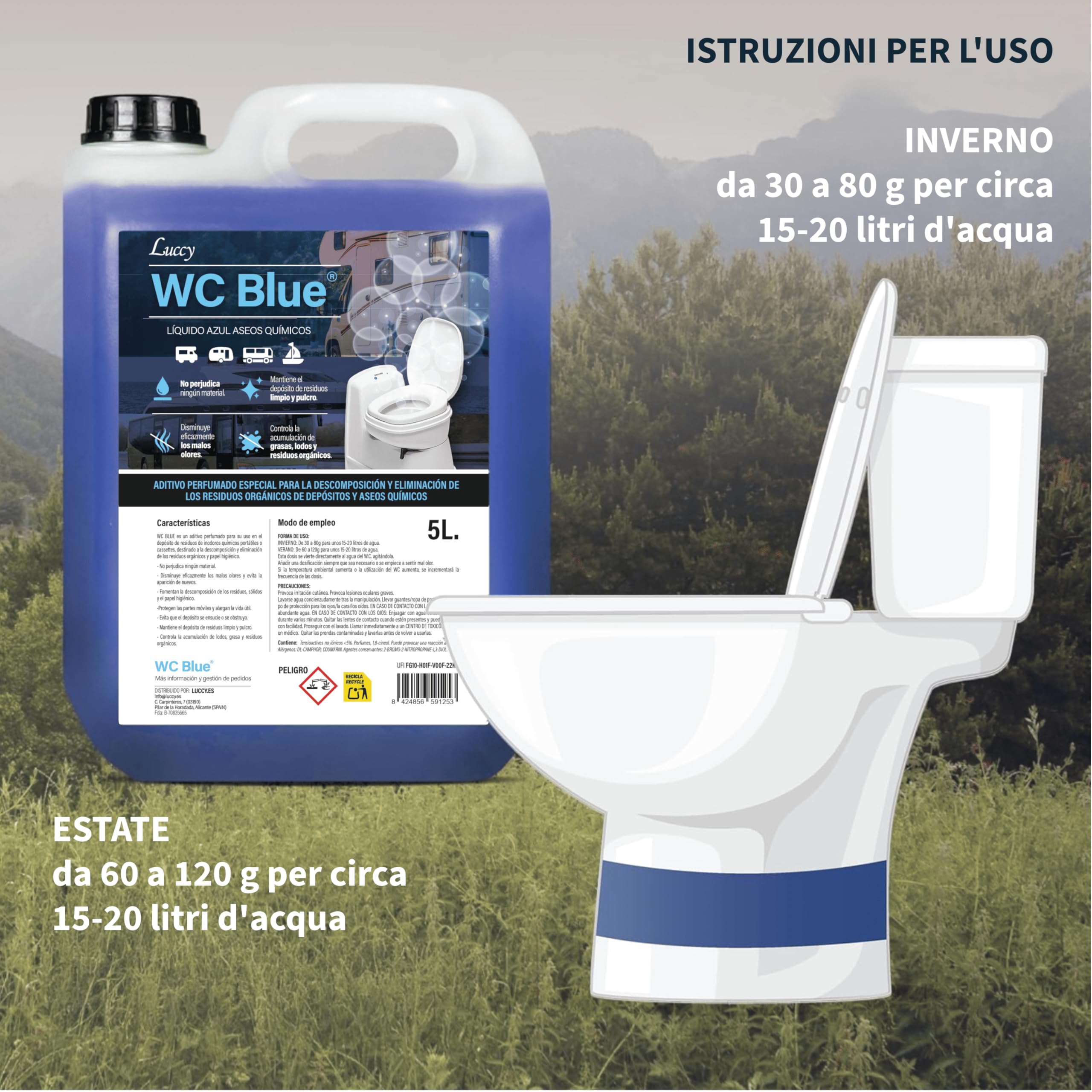 LUCCY WC Blu 20 Litri | Liquido per WC Chimico e Acque Nere | Additivo per Serbatoio di Scarico Camper, Caravan e Roulotte | Controllo degli Odori e Decomposizione dei Rifiuti