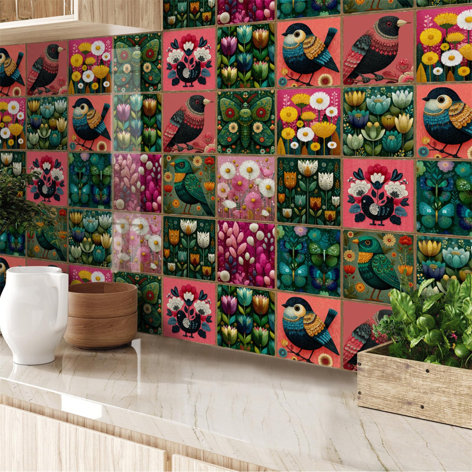Adhesivos para azulejos, Pegatinas de pared autoadhesivas vinilo con diseño pájaros, resistentes al agua y aceite, for decoración del hogar(15X15CM/24PCS)