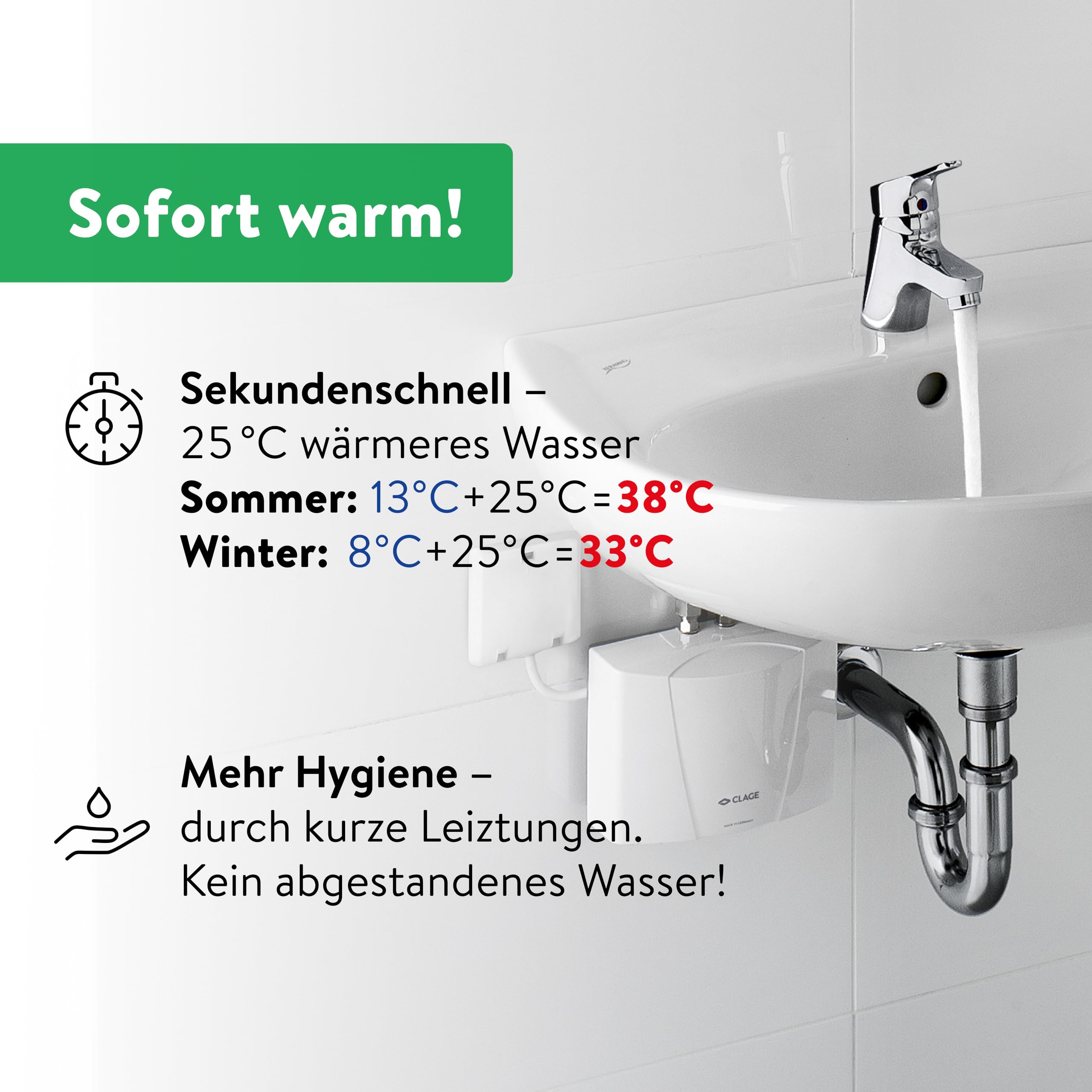 CLAGE MBH4 hydraulischer Klein-Durchlauferhitzer fürs Handwaschbecken, 4,4 kW, mit Stecker, druckfest + drucklos, VDE-GS geprüft, 1500-16004