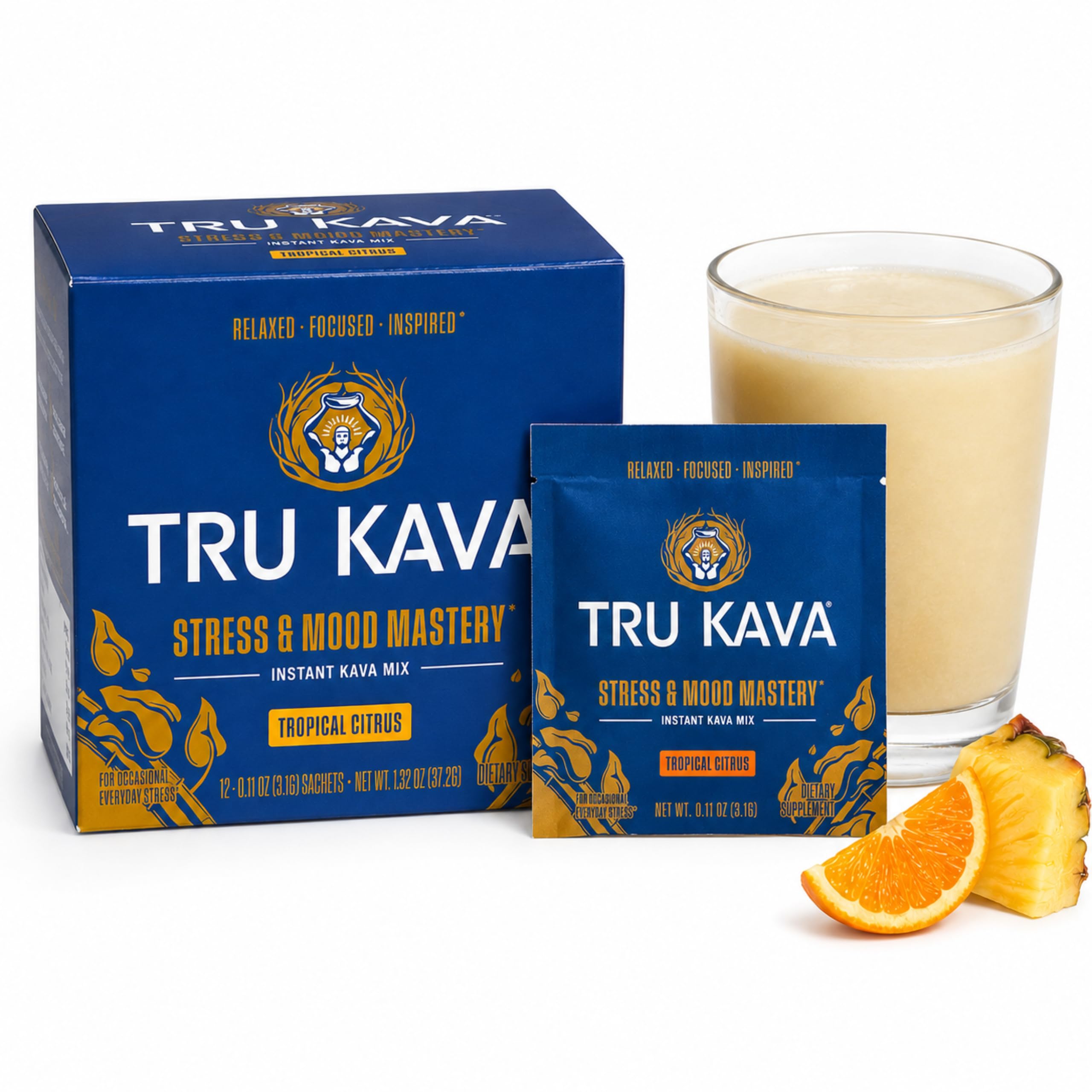 TRU KAVA Whole Root Kava Powder Drink Mix - Ceremonial Grade Noble Kava from Vanuatu, Instant Calm Focus & Social Ease, Kavalactone Rich, Non-Extract, Lab Tested - 12 Sachets
