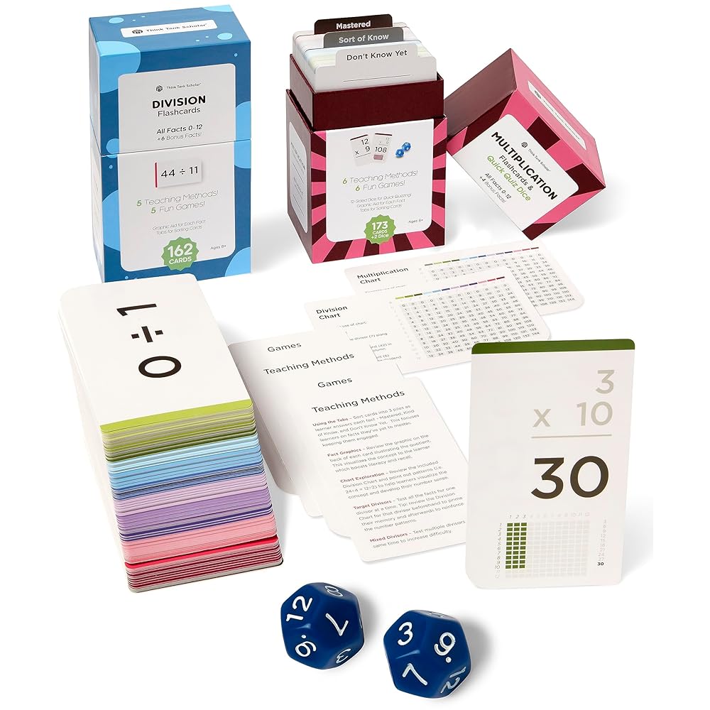 Think Tank Scholar 335 Multiplication & Division Flash Cards (Award Winning) 1 Fact Per Card with Visual Aids - All Facts 0-12 + Dice, Games & Charts - Grades 2-6, Homeschool & Classroom Learning