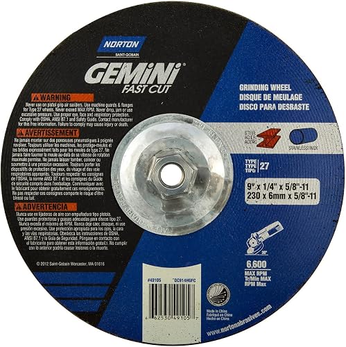 Norton 66253049105 9x1/4x5/8-11 in. Gemini FastCut AO Grinding Wheels, Type 27, 
