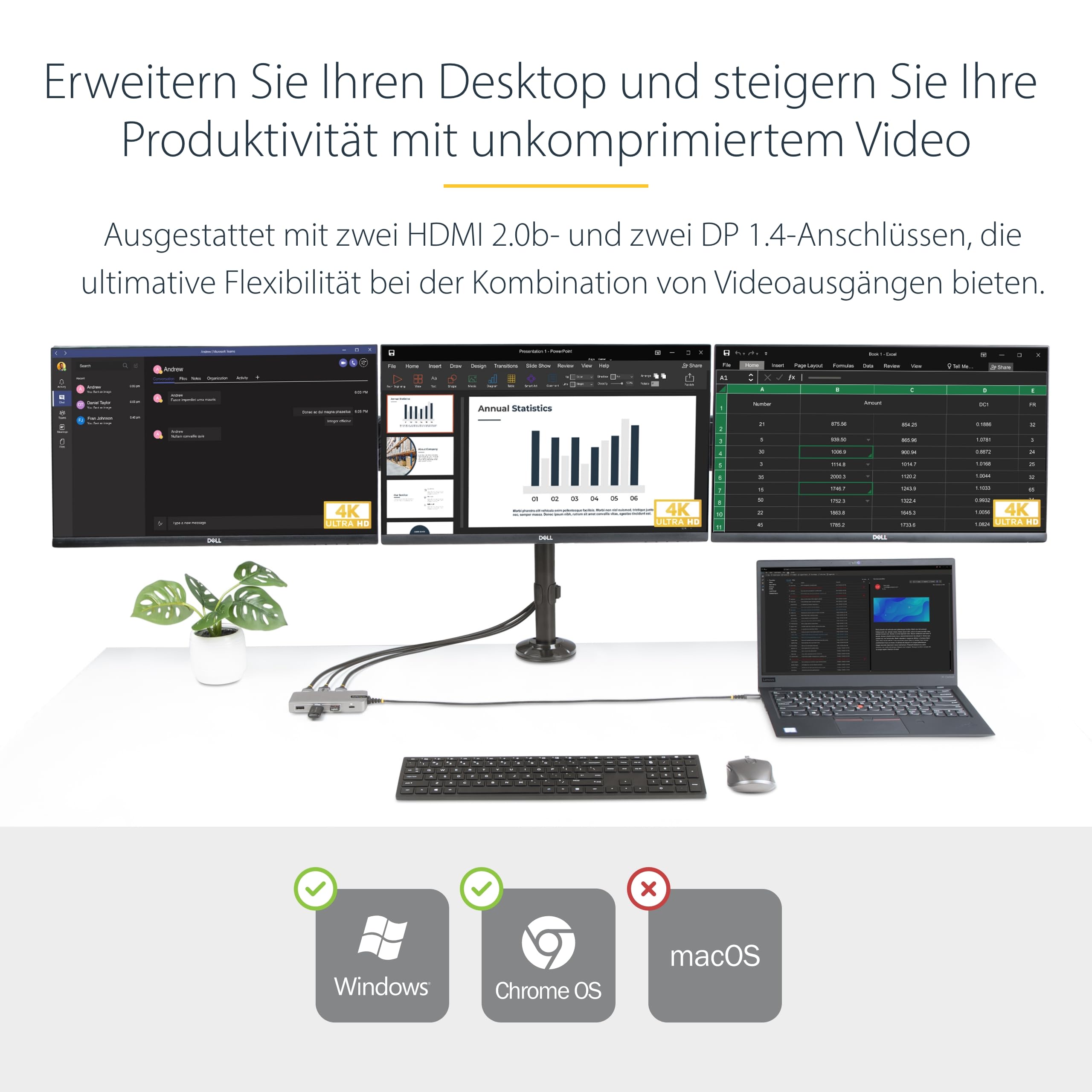 StarTech USB-C Triple 4K HDMI DP Dock, 100W Laptop-Laden, GbE, 3X USB-A | Dockingstation, 3 Monitor Laptop Dock, 2x 4K 60Hz + 1x 4K 30Hz, Reisedock, TB3/TB4, ChromeOS