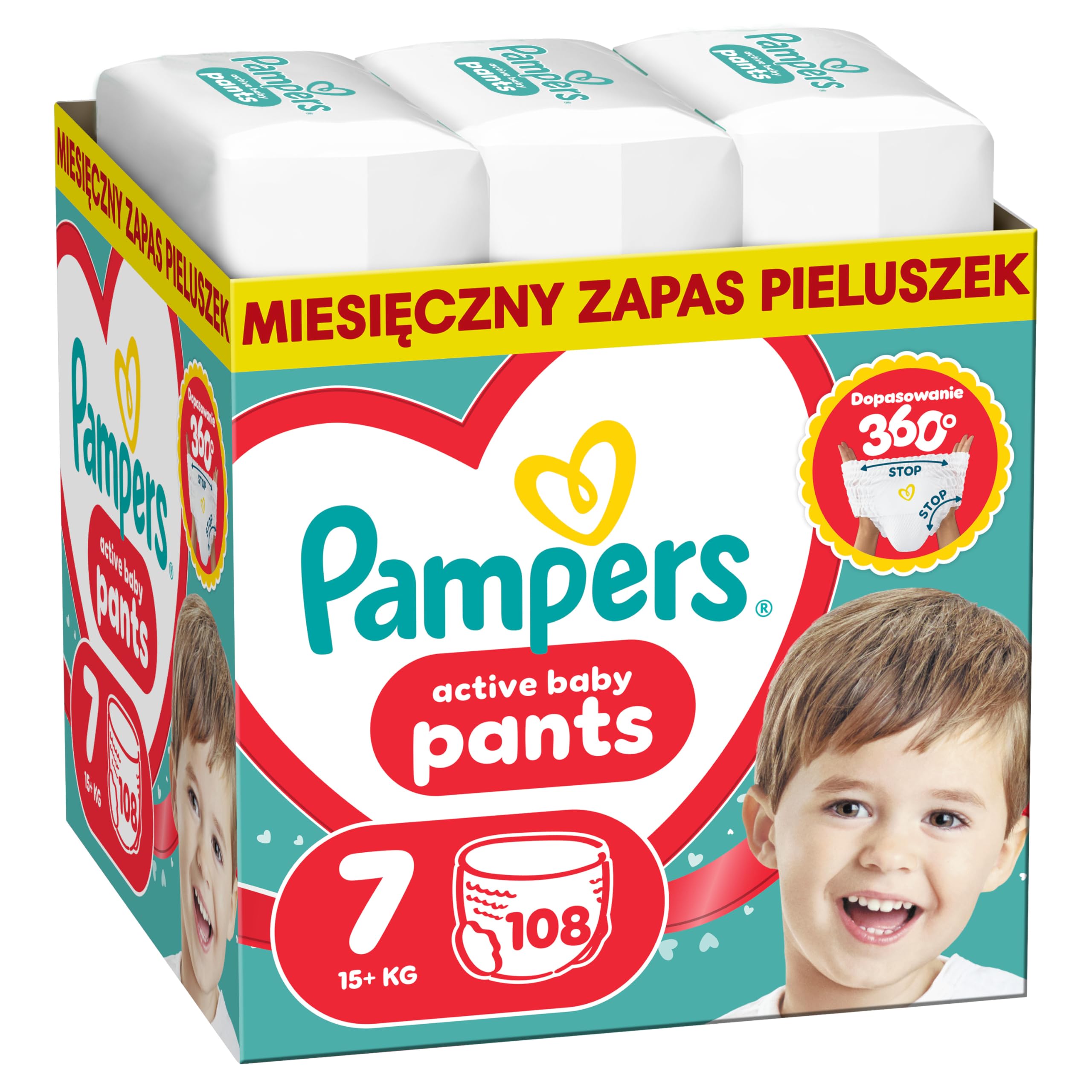 Pampers Active Baby pieluchomajtki rozmiar 7, 108 szt., 15+ kg, nawet 100% suchości w nocy i optymalny komfort skóry