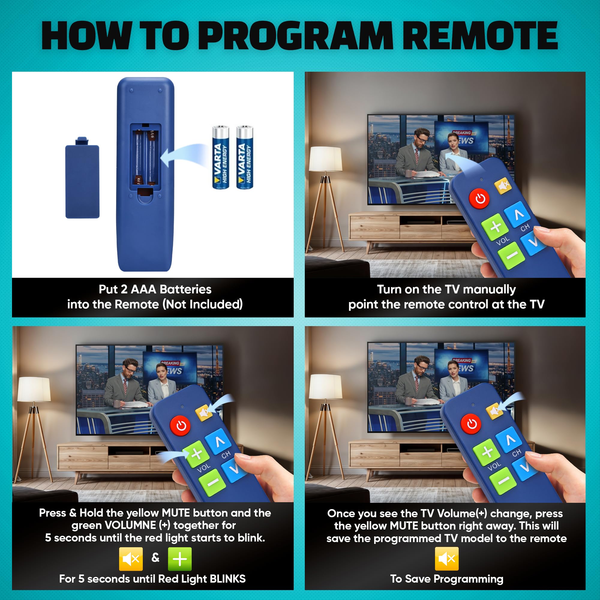 EZclicker Plus Télécommande TV pour Personnes âgées Télécommande Extra Simple à Gros Bouton Mute, Fonctionne avec Les Grandes Marques de télévision (2 Piles AAA Non incluses) (Bleu)