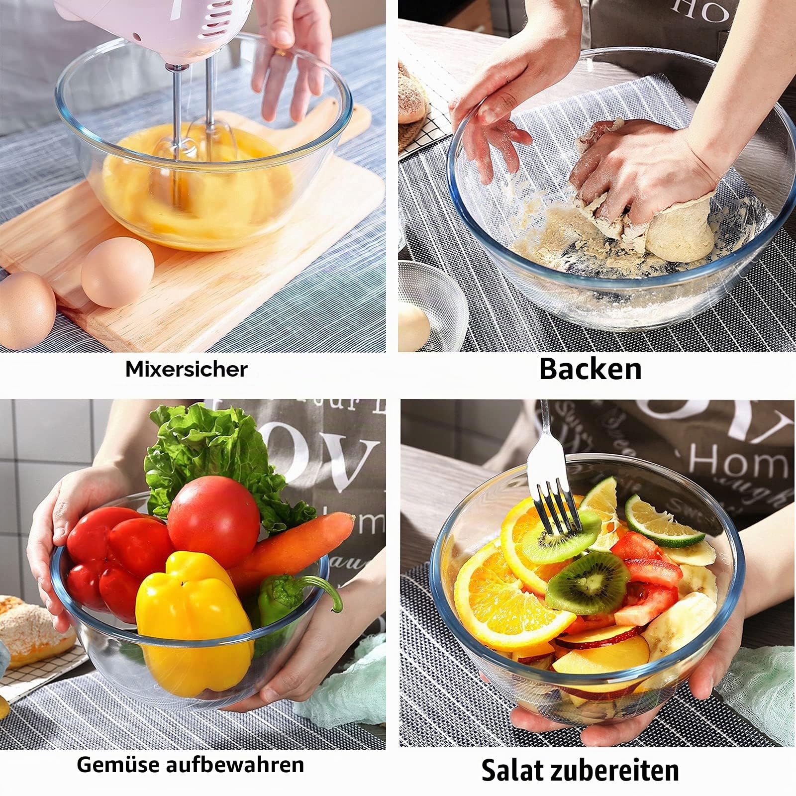 Glas-Rührschüssel-Set, 3-teilig, für Küche, Backen, Vorbereiten, Servieren, Kochen, 1,1 QT, 2,5 QT, 4,2 QT, großes Salatschüssel-Set, hohe Brosilikatschüssel-Set, stapelbar, ungiftig