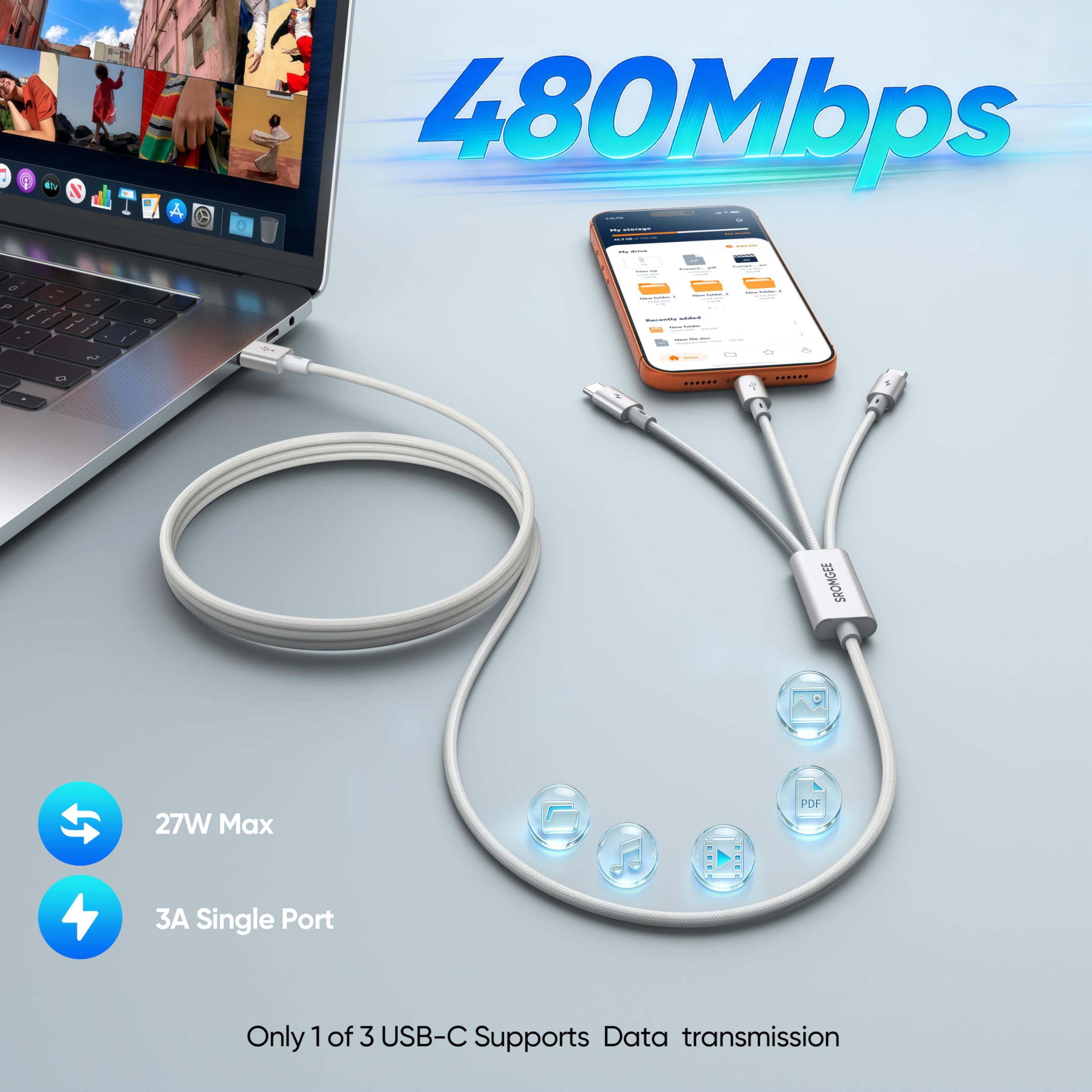 Câble USB-C 3 en 1 (2, blanc, USB de type A)