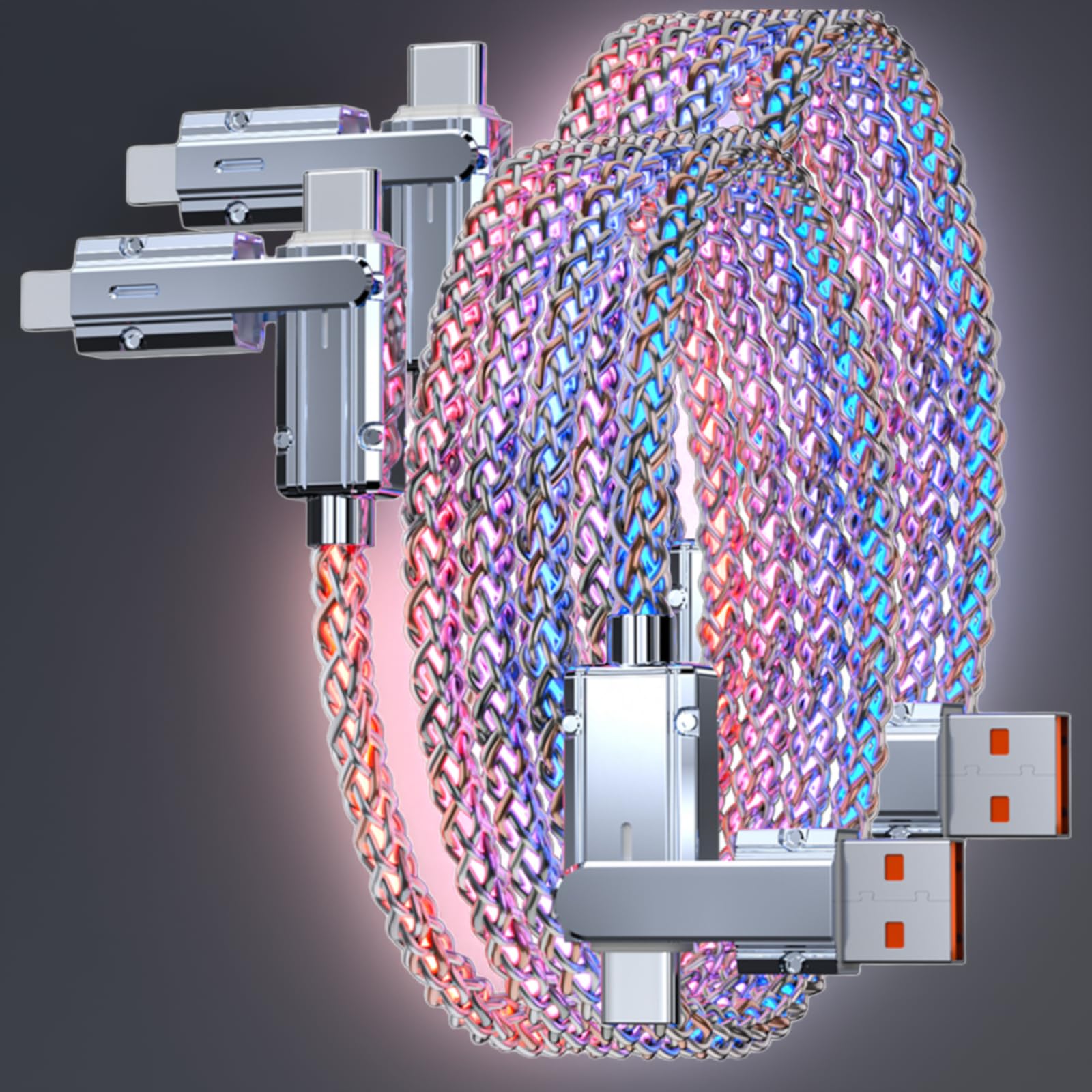 2 Packs 66W 4 in 1 LED Light Up Charging Cable,3.3FT RGB Colorful Gradual,Fast Charging Cord Lighting/Type C/USB A Cable USB A to USB C Cable,for