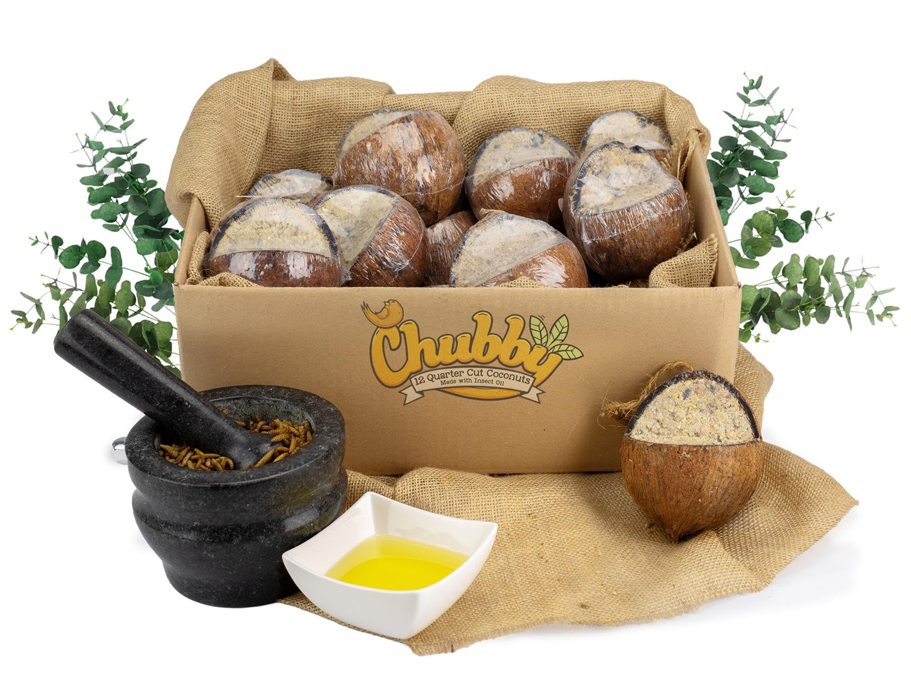 Chubby Quarter Cut Filled Coconut (12 x), Coconut Halve Wild Bird Feed with Insect oil, Coconuts Shell Suet Birds Food, Protein Rich Suet for Blackbirds, Woodpeckers, Starlings & Sparrows