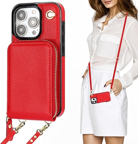 KIHUWEY Funda tipo cartera cruzada para iPhone 15 Pro, funda de bolsillo con cremallera y soporte para tarjetas, funda protectora de piel sintética
