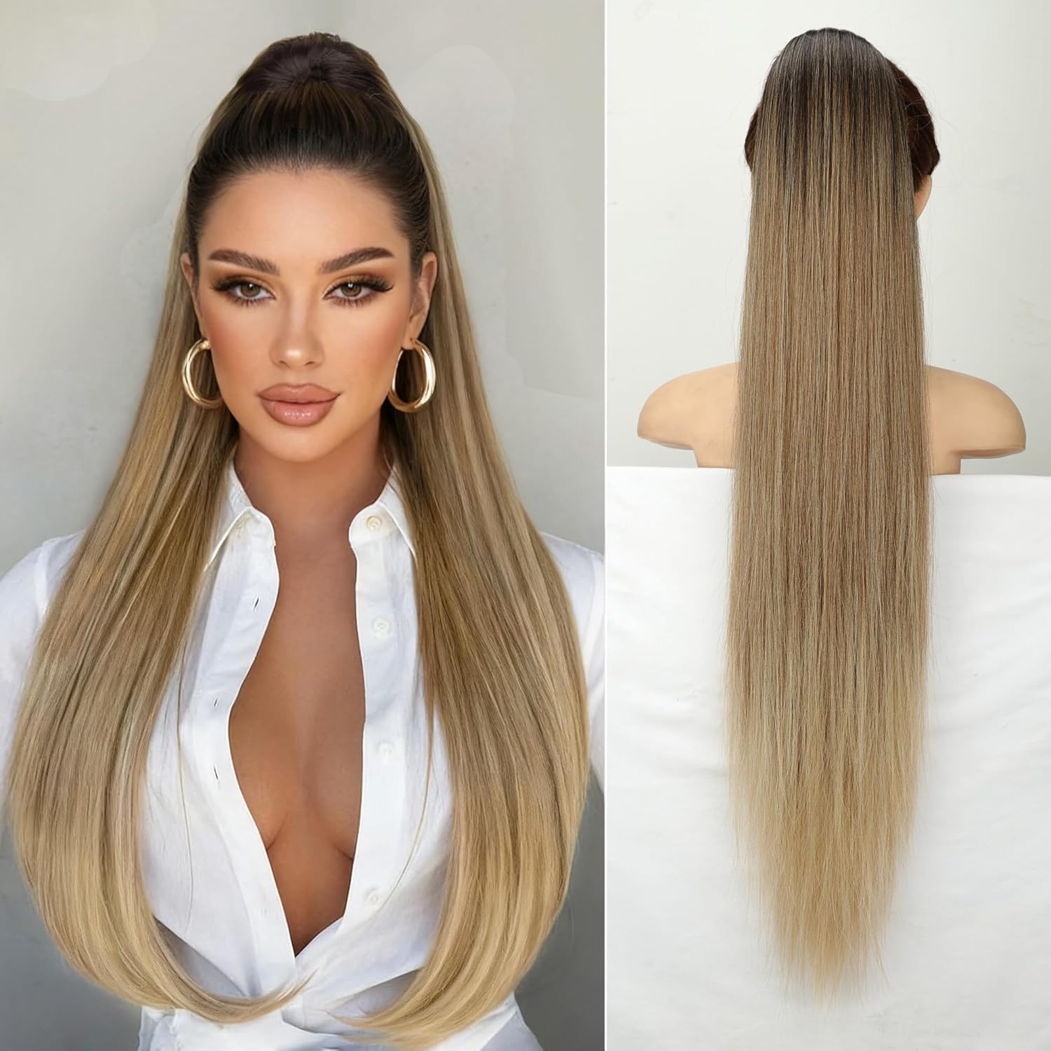 ORSUNCER Drawstring Ponytail Extension, Long Straight Pony Tails Hair Extensions Natural Soft Clip in Ponytail for Women Synthetic Hairpieces Ombre Black Mix Blonde