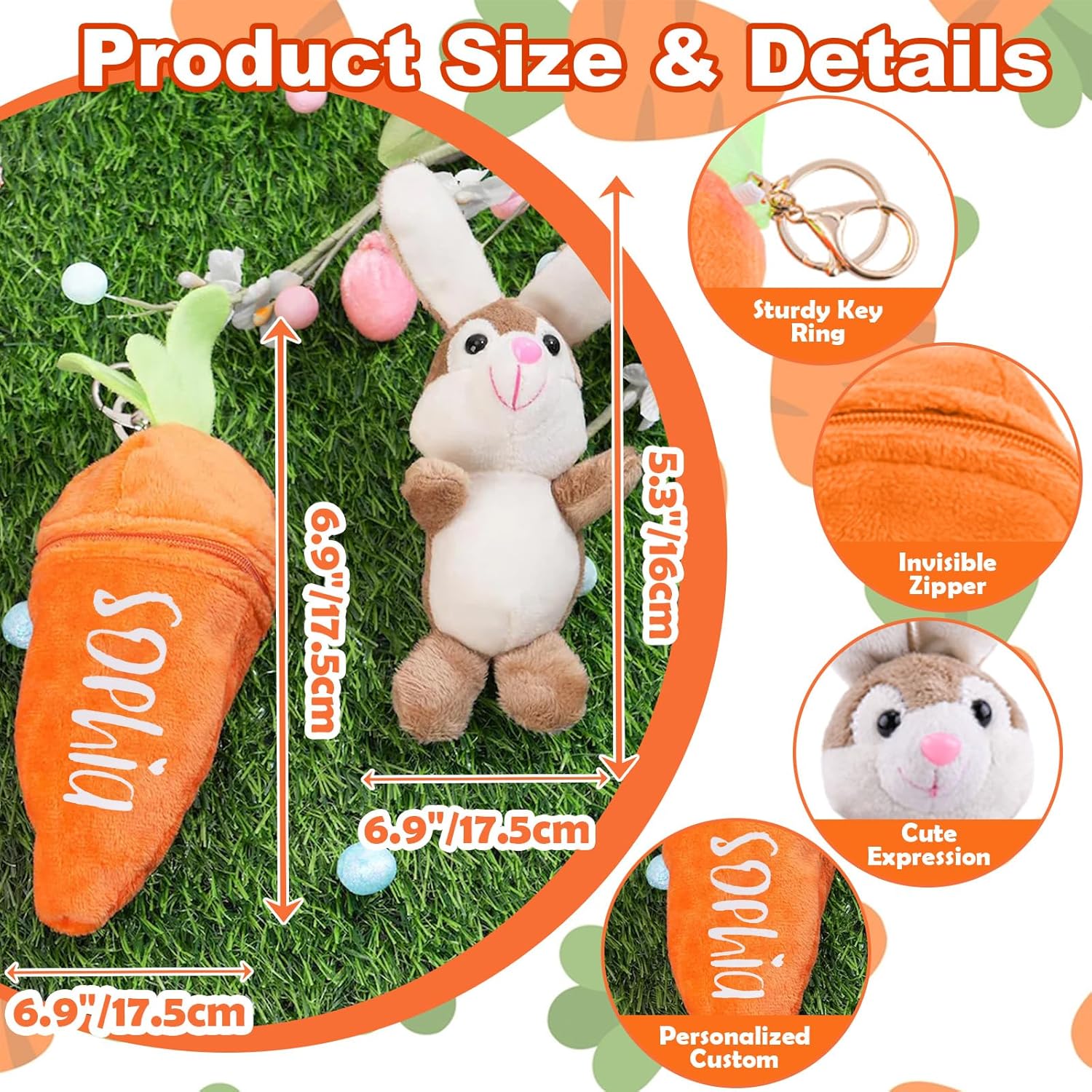 Personalized Easter Plush Bunny Keychain, Little Rabbit Hiding in A Zip-Up Carrot, Custom Name, 100% Cotton Stuffed Plush Toy, Easter Basket Stuffers, Easter Fun Gifts for Kids