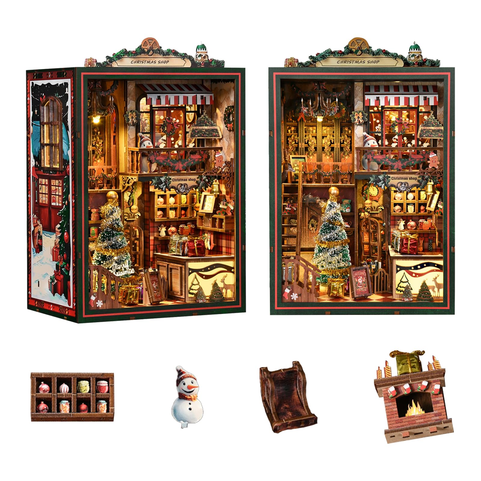 Kit per angolo del libro di Natale, fai da te in miniatura, casa delle bambole 3D, puzzle in legno, libreria, decorazione con carillon a LED, regalo di Natale per adulti e ragazzi - Negozio di Natale