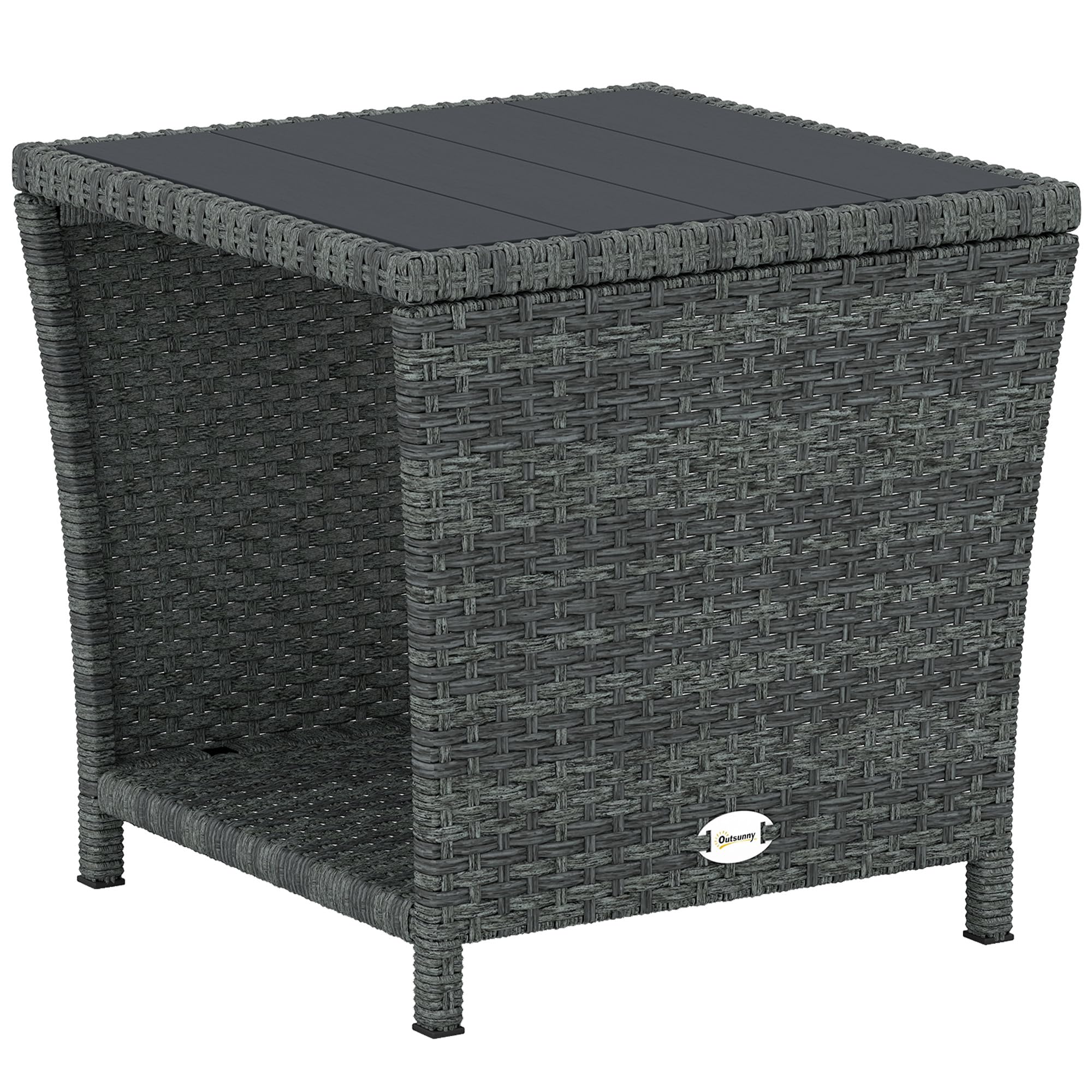 Outsunny 2-Tier PE Rattan Side Table with Storage Shelf, Square Outdoor Coffee Table with PS Wood Slat Top, UV-Resistant for Patio, Garden, Balcony, Grey