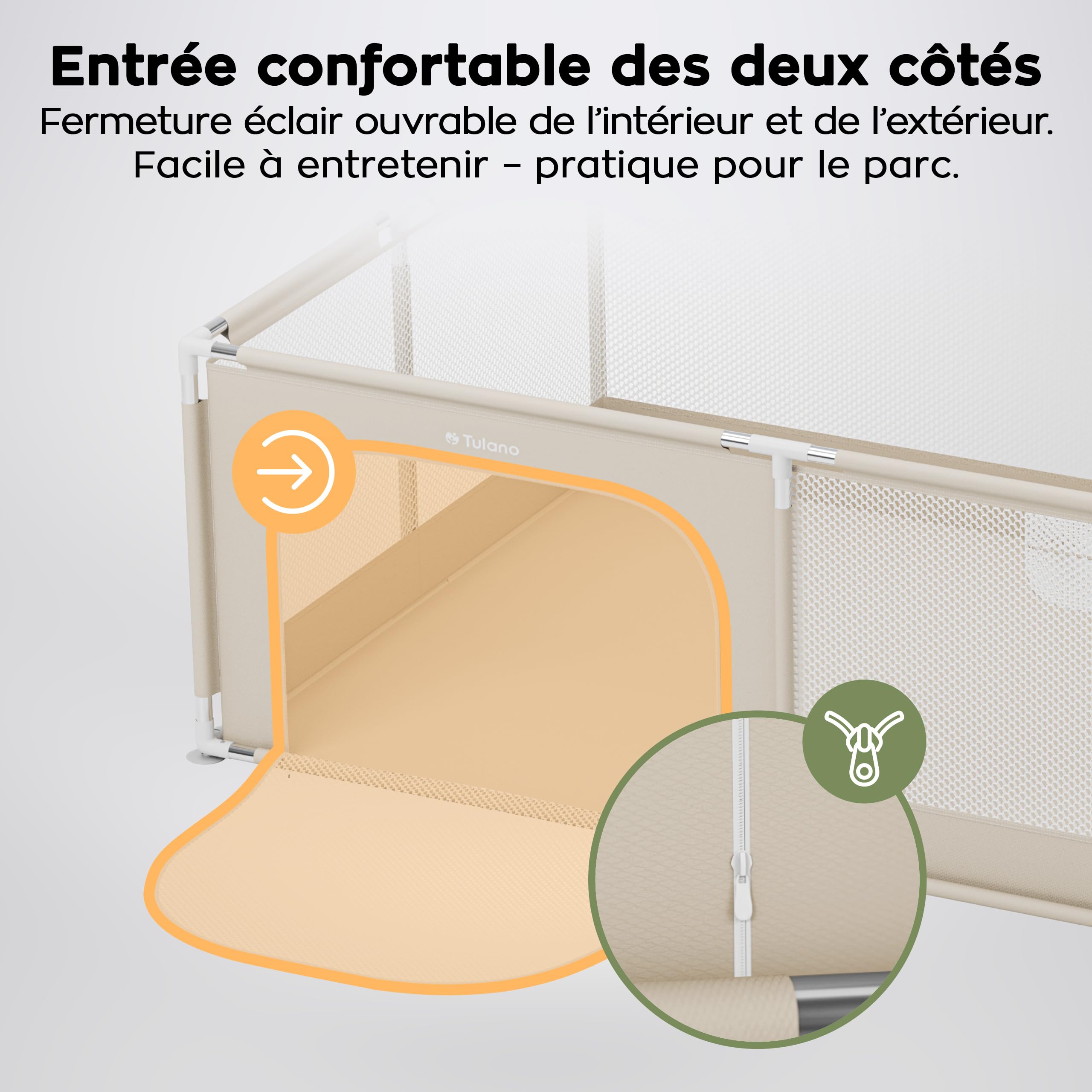 Tulano Cozy 22, parc bebe avec fond, structure métallique stable, Beige | parc enfant pour usage intérieur et extérieur, parois en maille, entrée zippée, Sac de Transport, 180x120-6 à 36 mois