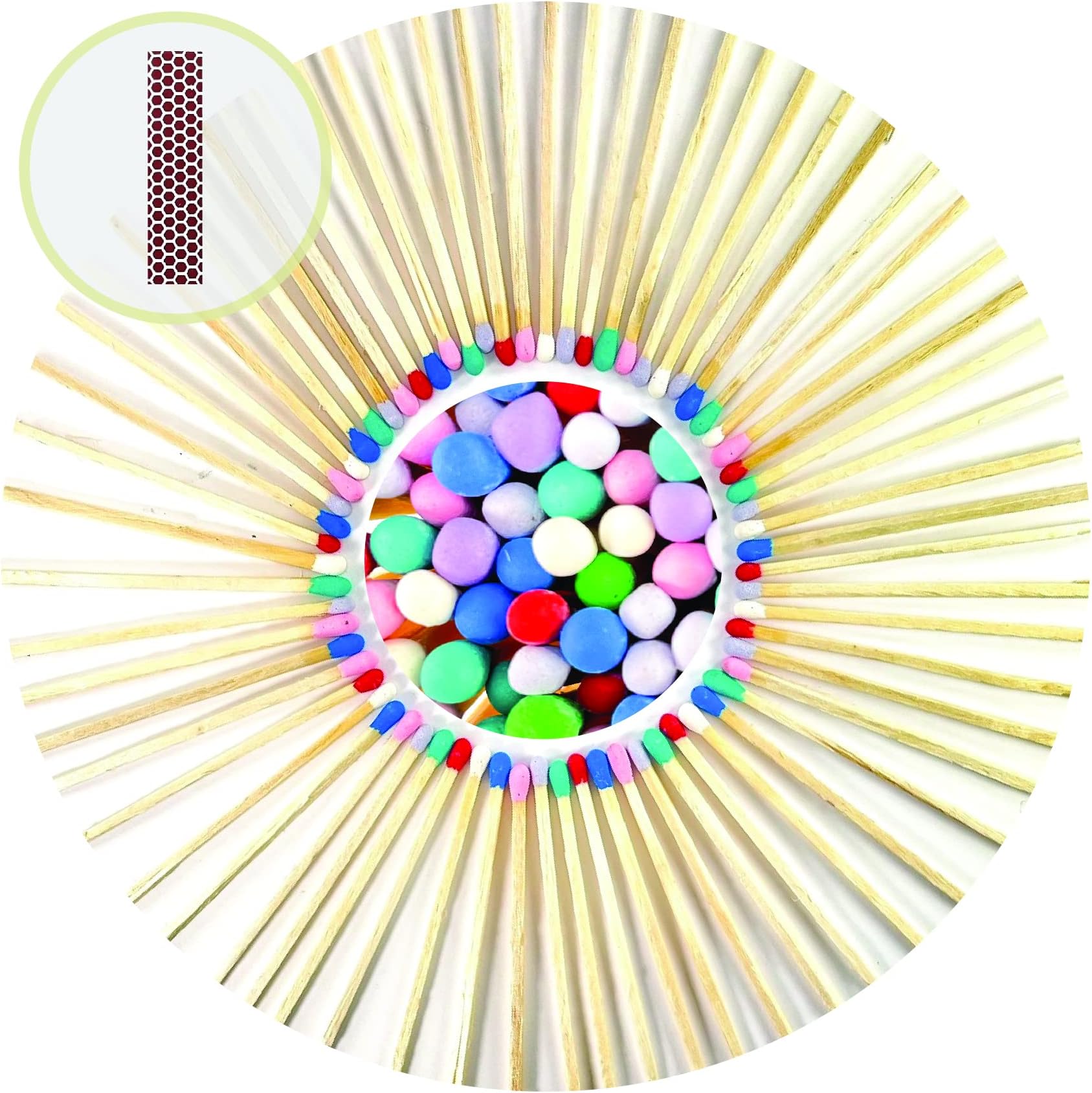 200 Count - 3" Long Rainbow Color Matches | Three Inch Coloful Loose Wooden Safety Match Sticks for Candle Display | Refill Decorative Jar Holder Bottle | Striker Included