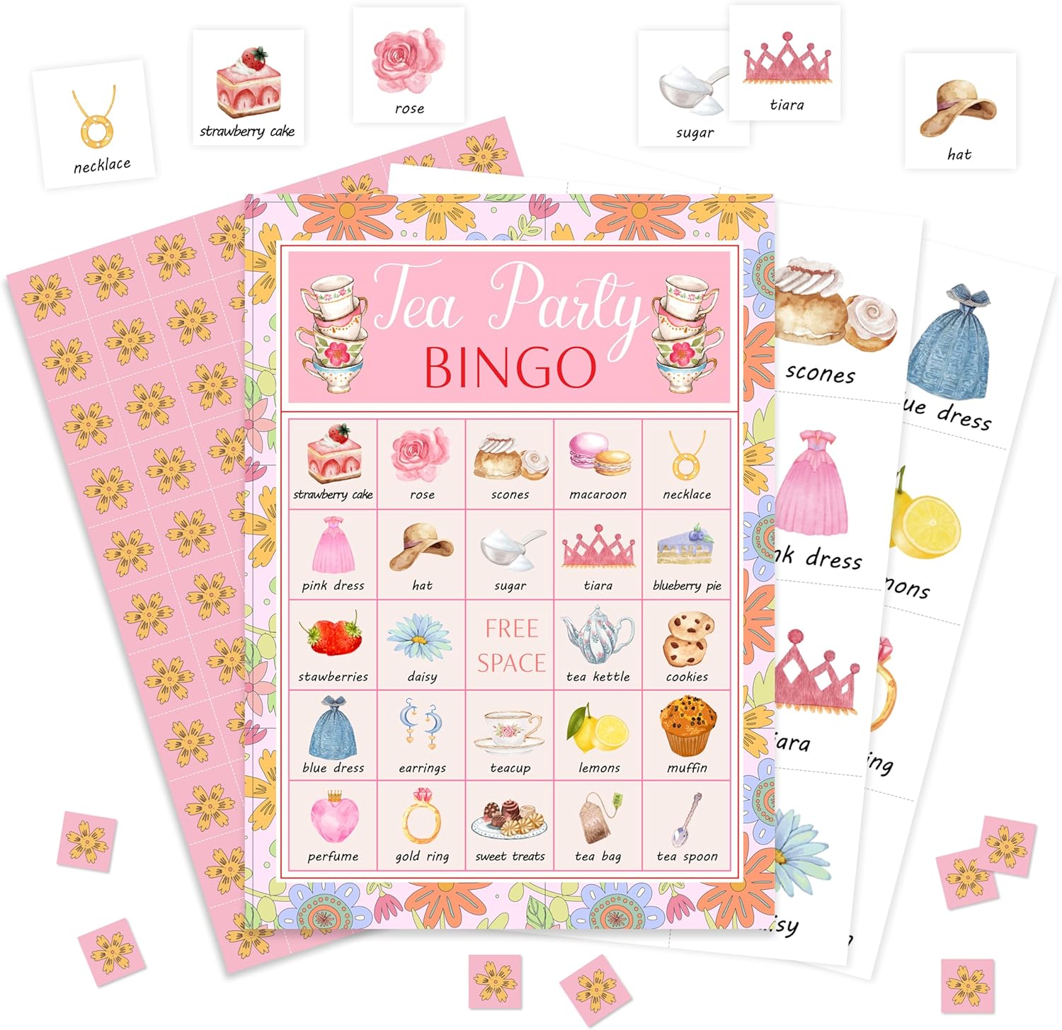 Tea Party Bingo Game, Garden Tea Party Bingo Cards Set, Bridal Shower Party Bingo Supplies for Adults, Family Friends Activities Favors Decorations for 24 Player, 02