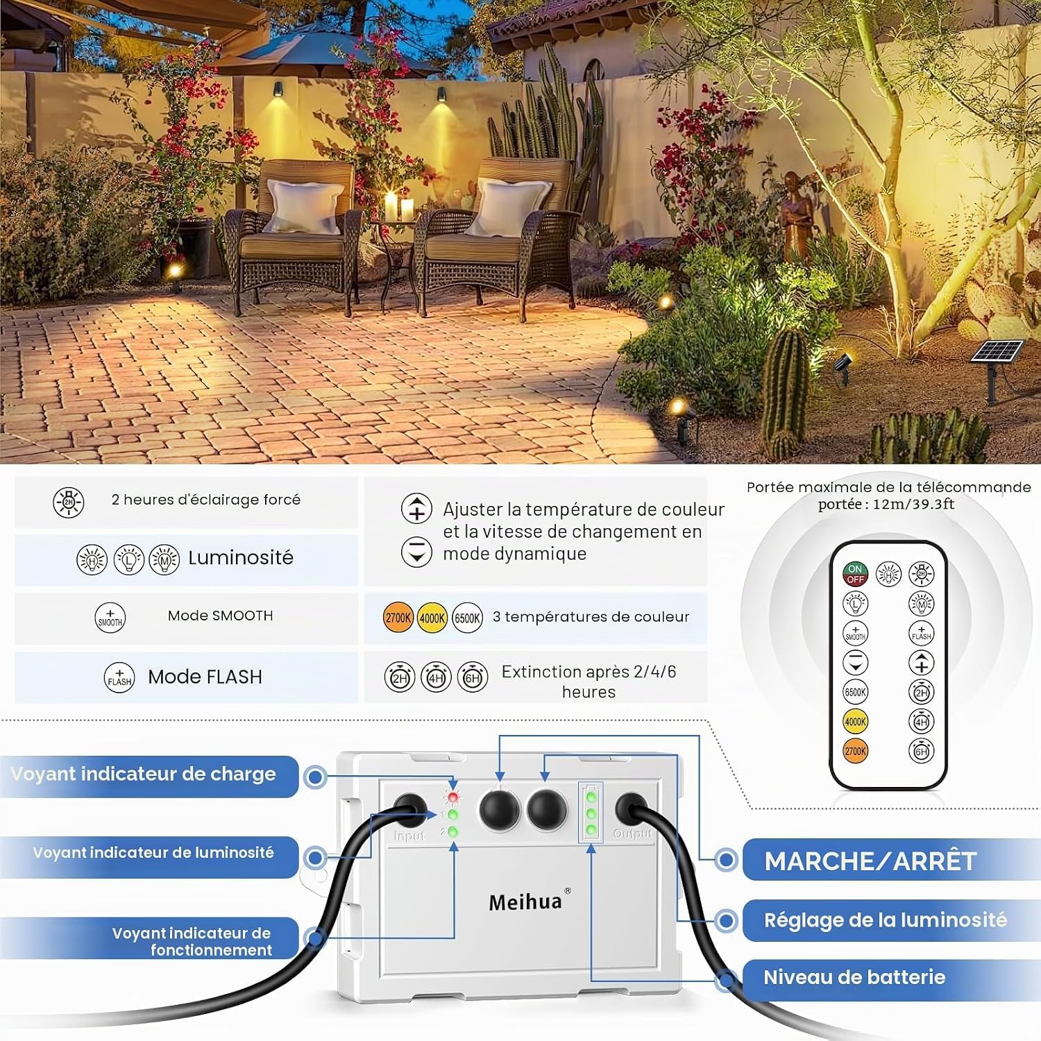 MEIHUA solarna lampa ogrodowa, 2700 K 4000K 6500K, 3 jasność, 2 tryby dynamiczne, lampa solarna, 3000 mAh, wodoszczelność IP66, solarne oświetlenie ogrodowe do ogrodów, patio, trawników, drzew 3 sztuk