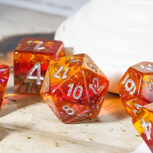 Miniatura 5 de DND - Juego de dados poliédricos de 7 piezas, relleno D&D con papel de aluminio colorido para juegos de rol y juegos de mesa (naranja y rojo)