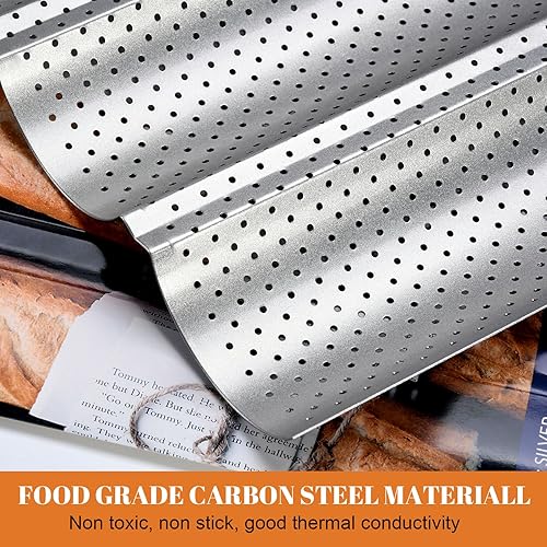 Miniatura 10 de GGC Sartén para pan de baguette, sartén de pan francés de 3 panes con revestimiento antiadherente de grado perforado para hornear panes crujientes