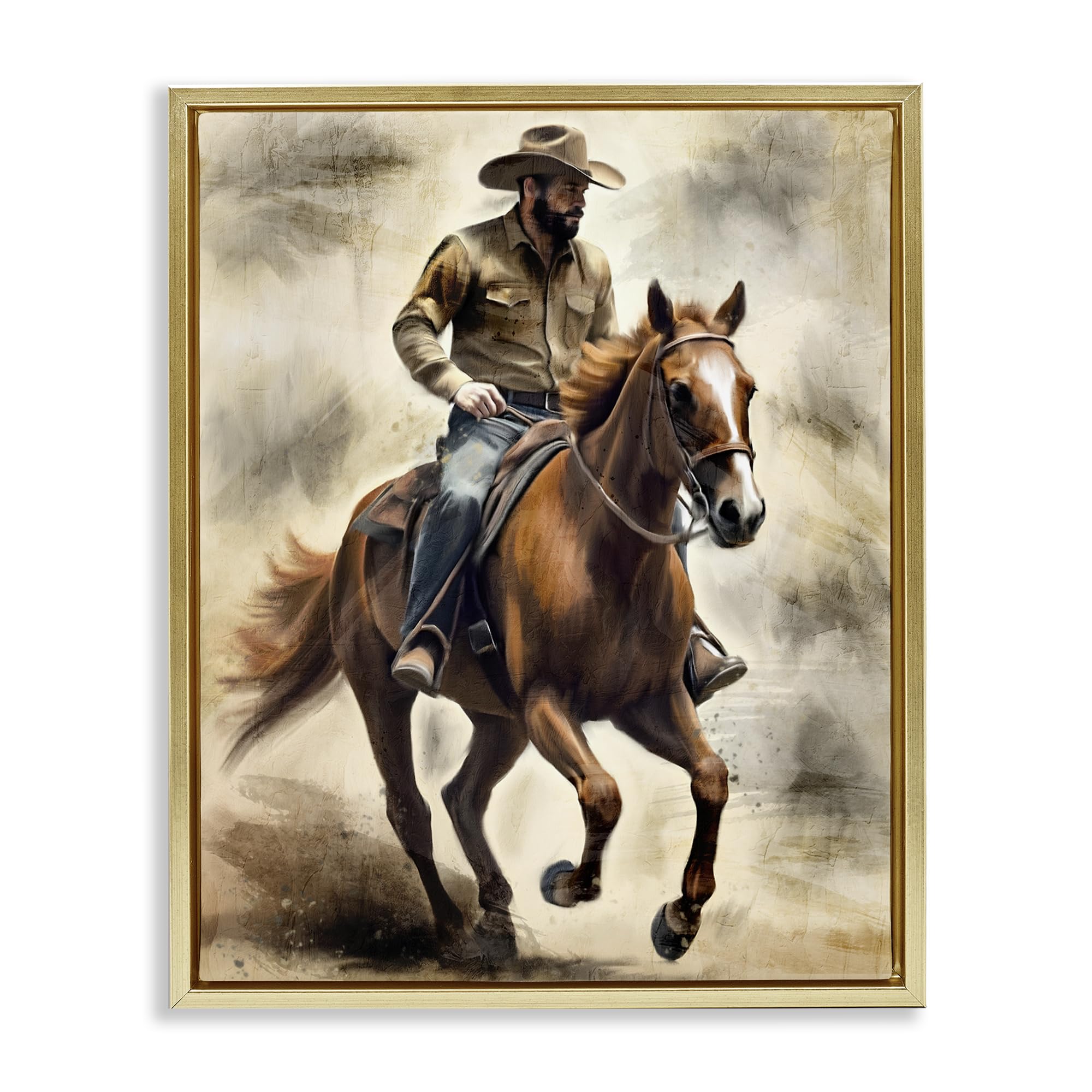 Stupell Industries Metallic Gold (Matte) 'Gallop Horse & Cowboy'| Floating Frame Canvas Art