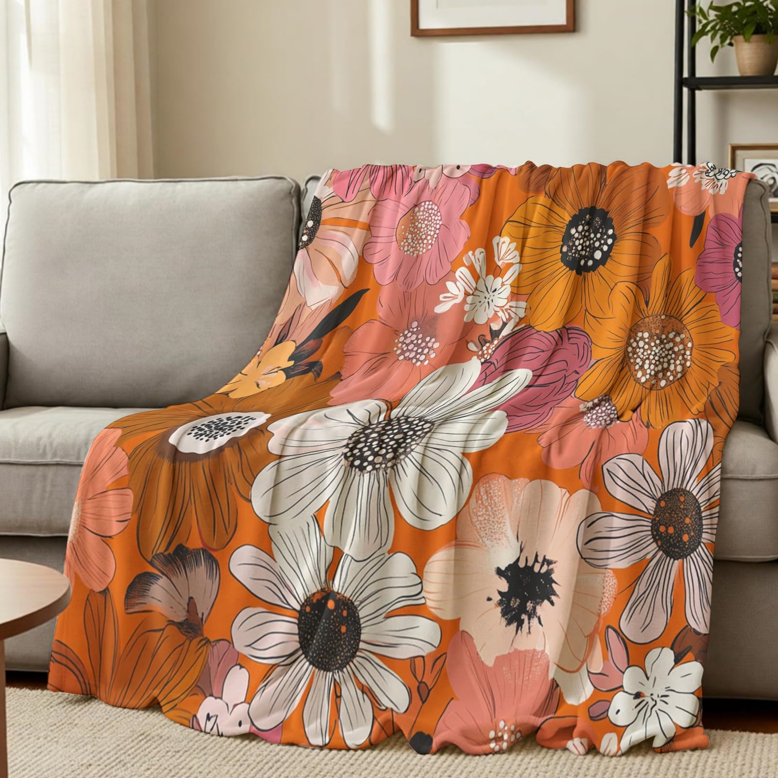 Kuscheldecke 200 x 220 cm Retro-Blumenmuster Flanelldecke 3D Design Weiche Fleecedecke Wohndecke Flauschige Mikrofaser Sofadecke Bettüberwurf
