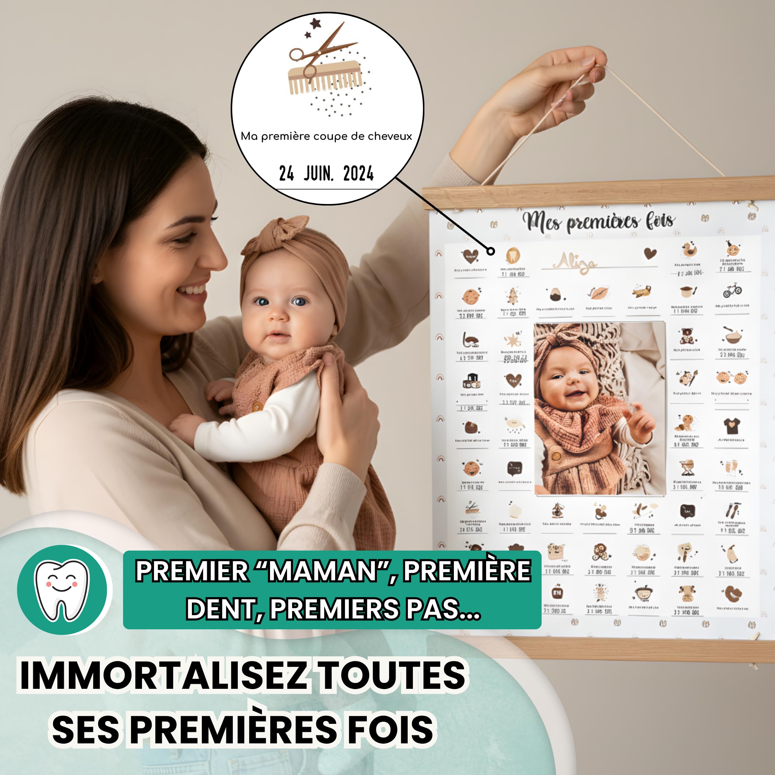 Keep'Love Affiche Mes Premières Fois à Tamponner, Cadeau de Naissance Bébé, Souvenir, Decoration Chambre, Baguettes Suspension Aimantées, Coffret Cadeau Jeune Maman, Grand Format A3 (Modèle OURSON)