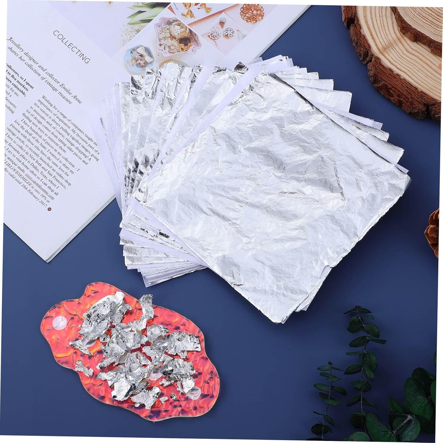 HAKIDZEL 100pcs Silver Imitation Gold Leaf Foil for DIY Art Crafts Furniture Decoration Non-Edible Metal Gilding Foil for Painting Frame Interior Design and Crafting