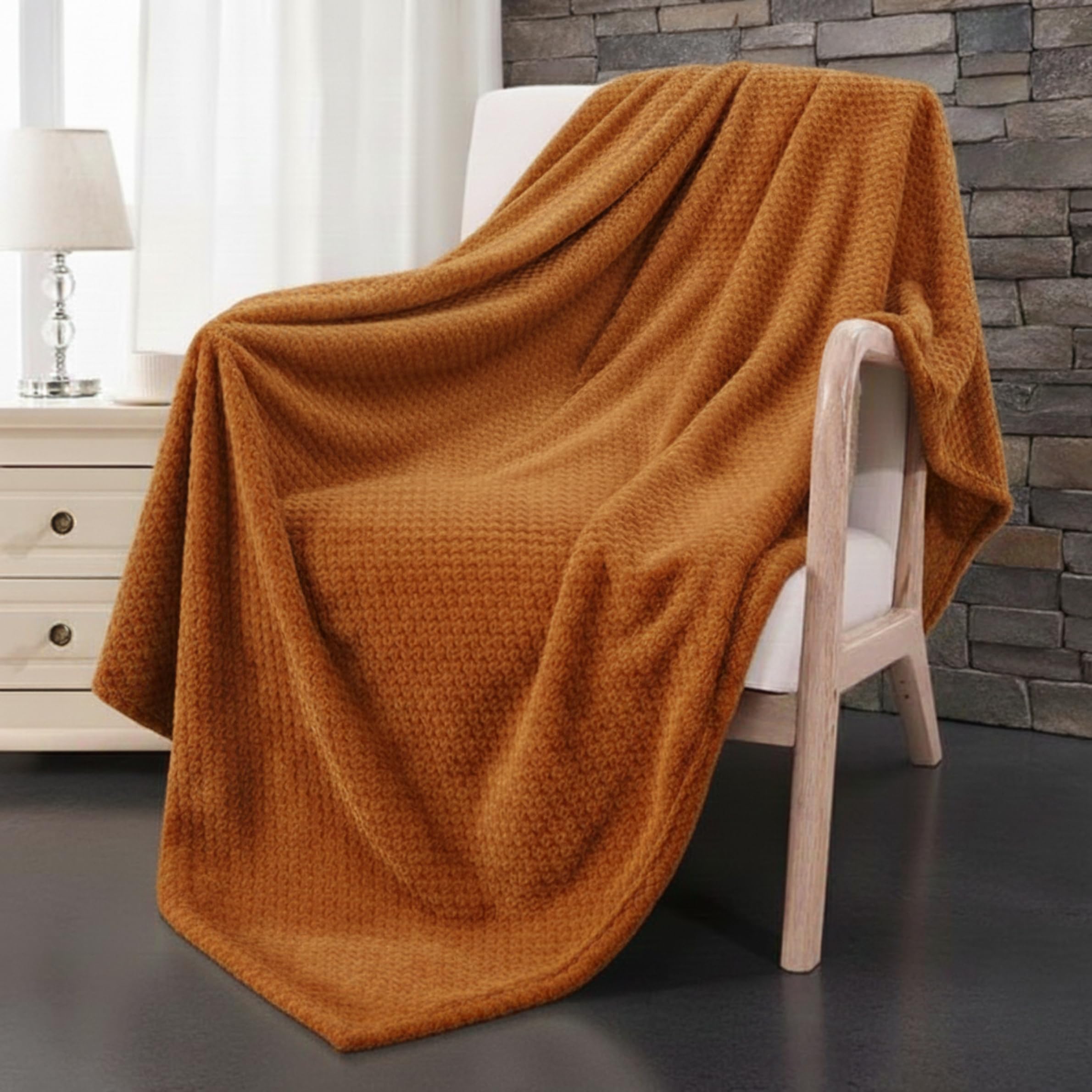 Dolce Vari Premium Waffle Whisper Fleece Throw Blankets Honeycomb Super Soft Warm Cozy Over Sofa Bed Throw Blanket (Rust, Double)
