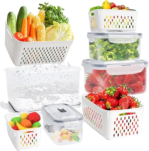 Paquete de 4 recipientes de almacenamiento de frutas para refrigerador con coladores extraíbles, contenedores de almacenamiento de productos para