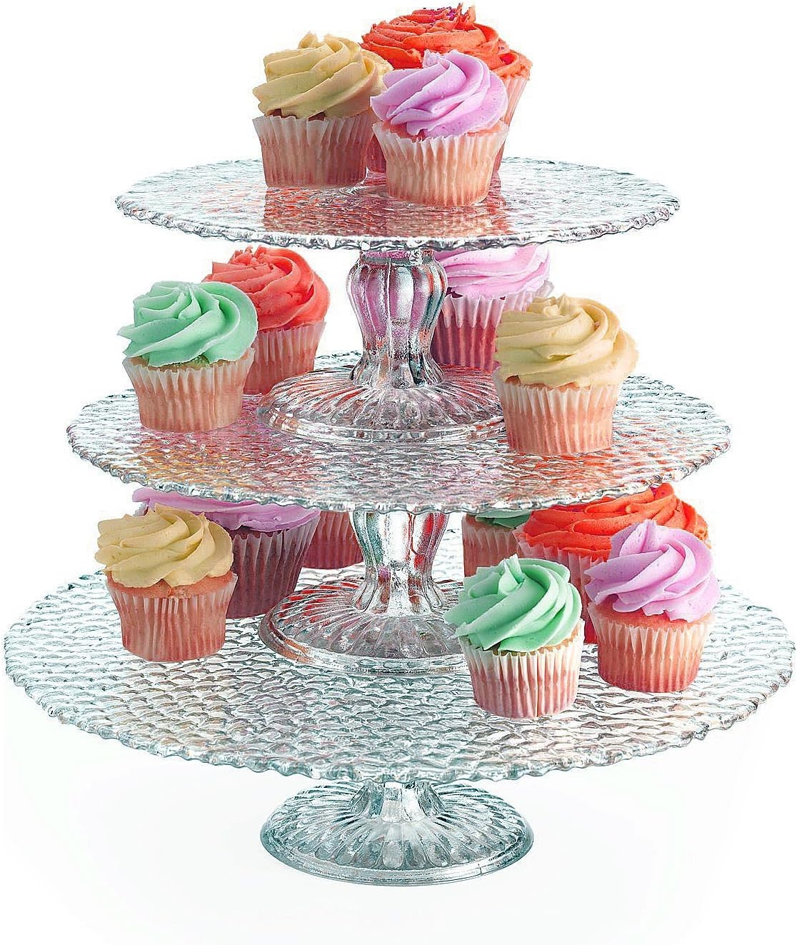 Palais Glassware Elegent 3 in 1 Cupcake or Cake Stand - Mix and Match Use As a One Tier, Two Tier or Three Tier or As 3 Separate Cake Stands - 10" High X 12" Diameter (Hammered Design)