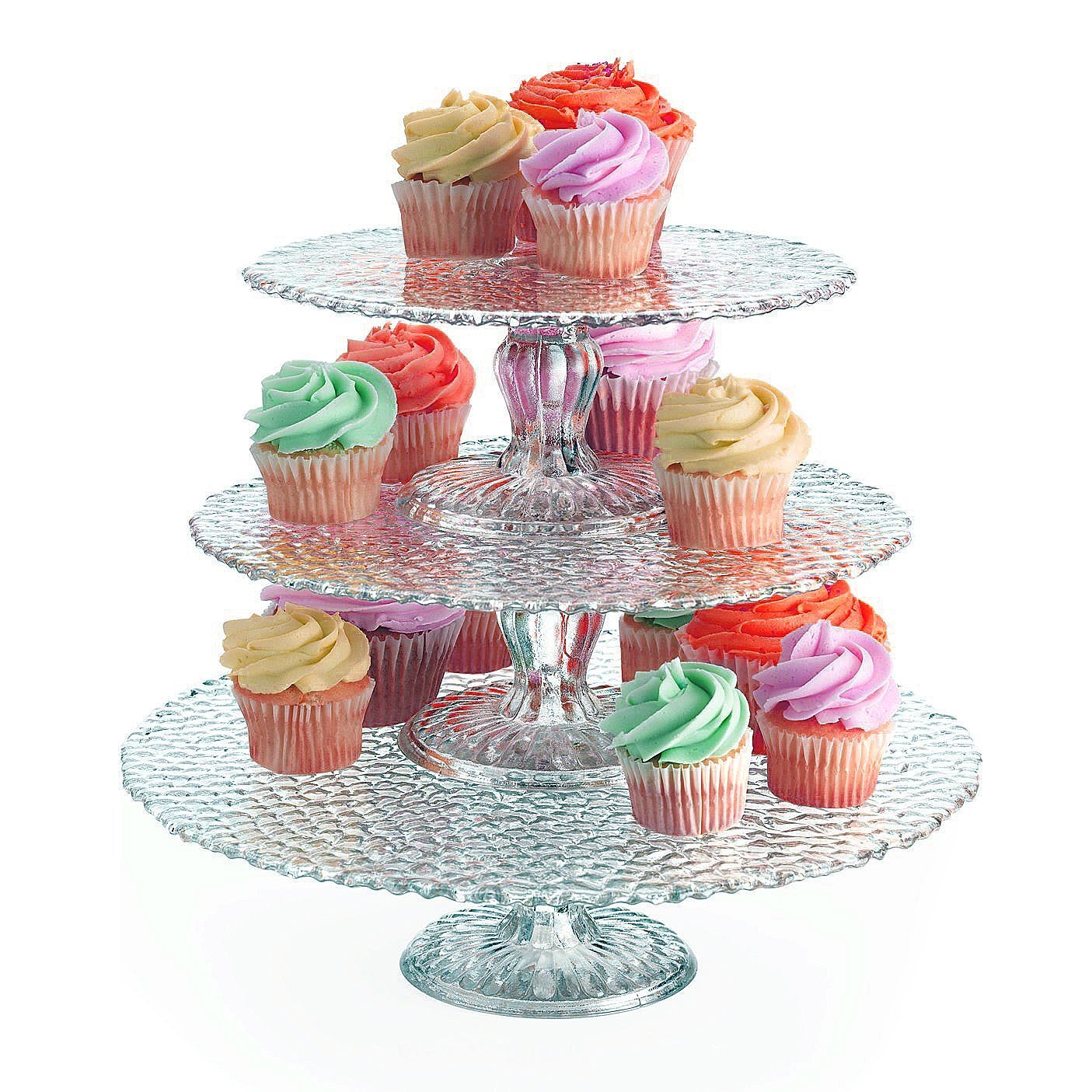 Palais Glassware Elegent 3 in 1 Cupcake or Cake Stand - Mix and Match Use As a One Tier, Two Tier or Three Tier or As 3 Separate Cake Stands - 10" High X 12" Diameter (Hammered Design)
