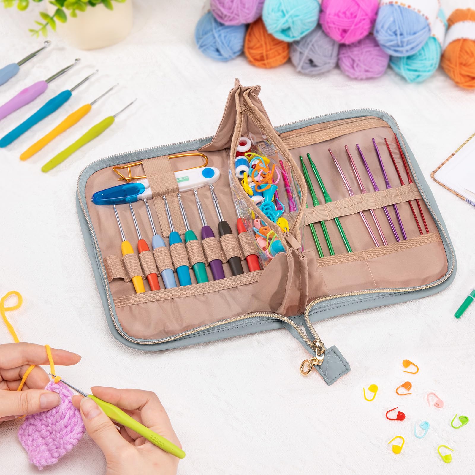 MYBAGZING Juego de 14 ganchos de ganchillo de 2 mm (B)-10 mm (N) ergonómicos con funda de ganchillo de pie, organizador de ganchillo para los amantes del ganchillo