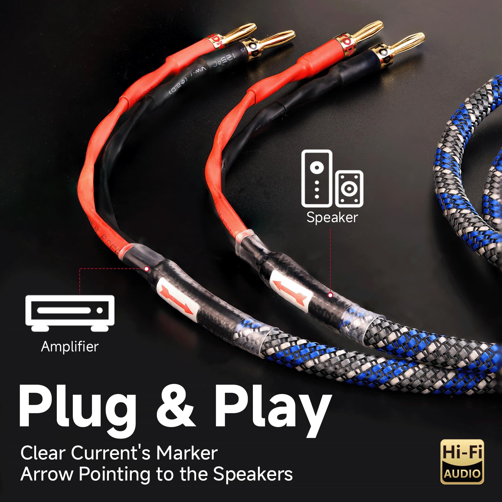 TODN HiFi 4-adriges OFC-Lautsprecherkabel mit Bananenstecker (3 m, 1 Stück) | 4 x 1,27 mm² Audiophiles geschirmtes Boxkabel mit 24K vergoldeten Bananensteckern für Audio-Lautsprecher, HiFi-Systeme