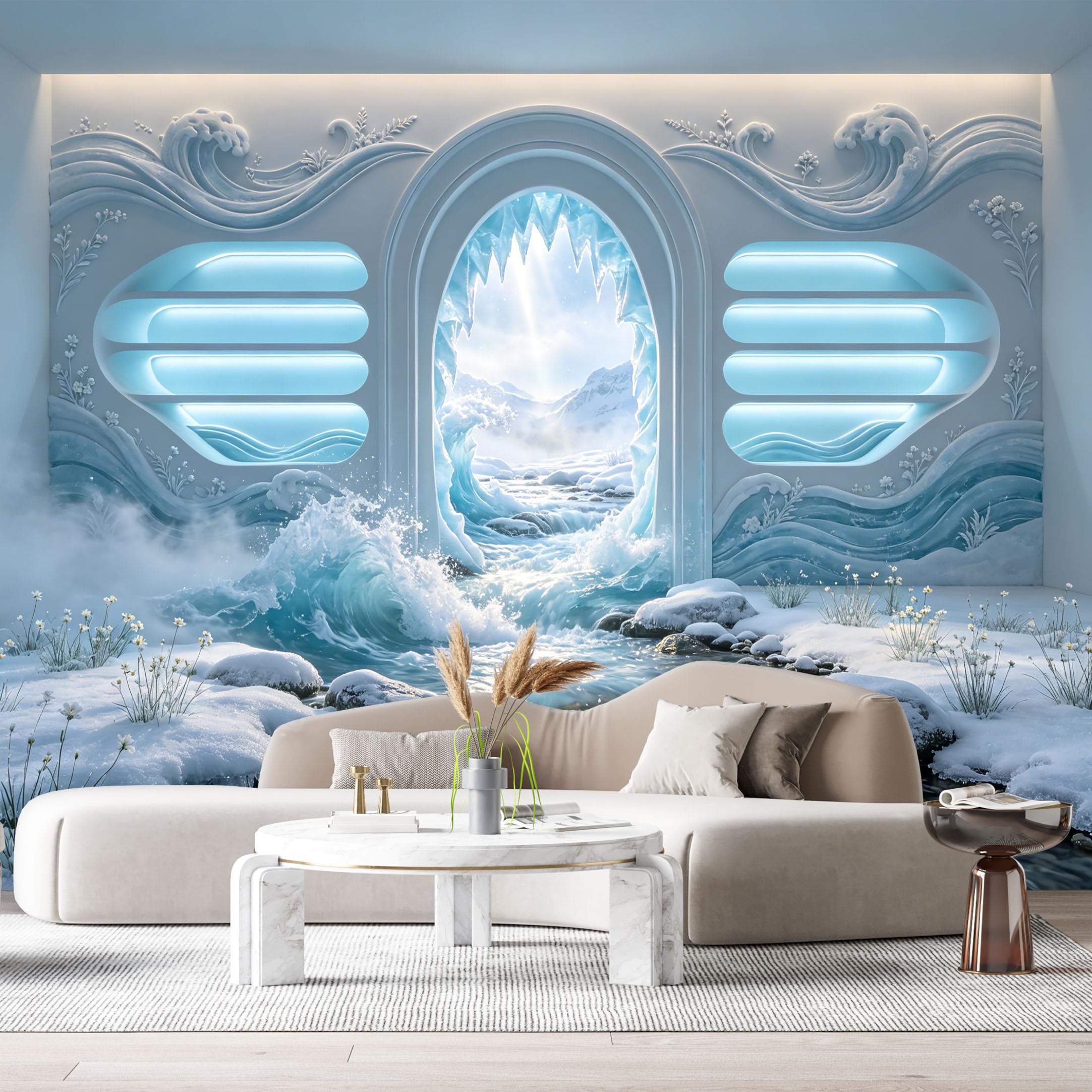 Custom Size Wall Murals Snowy Mountain Landscape Ocean Wave 3D Trompe L'Oeil SelfAdhesiveWall Fabric Removable Wallpaper Wall Decor for Living Room Bedroom Bathroom