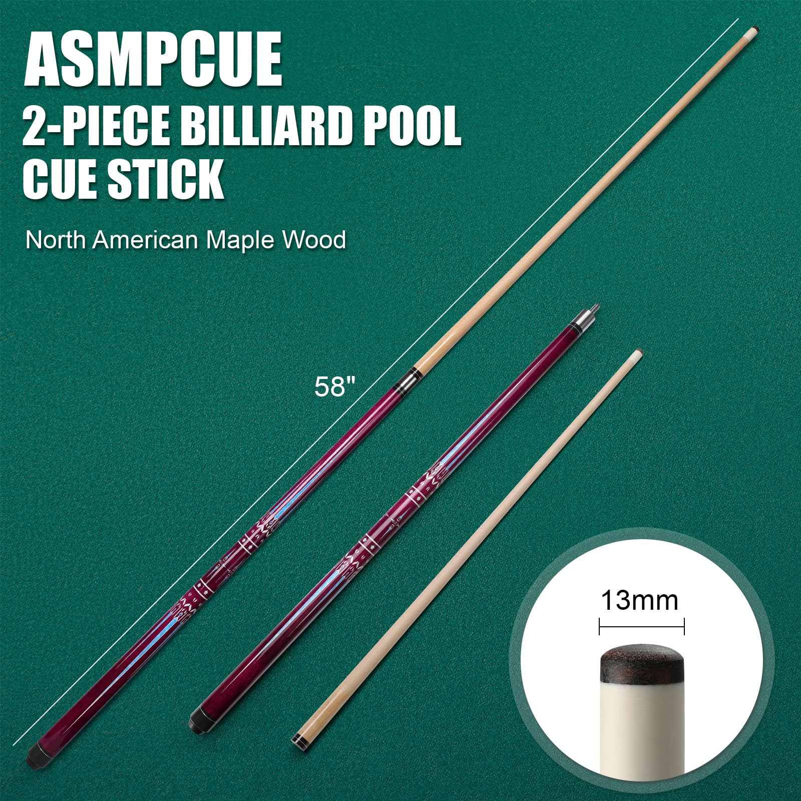Billard Queue, 58'' 20oz Pool Queue Kanadischer Ahorn Pool Cue 13mm Spitzen für Professionelle Billardspieler, Queue Stick für Billard Tisch Sport