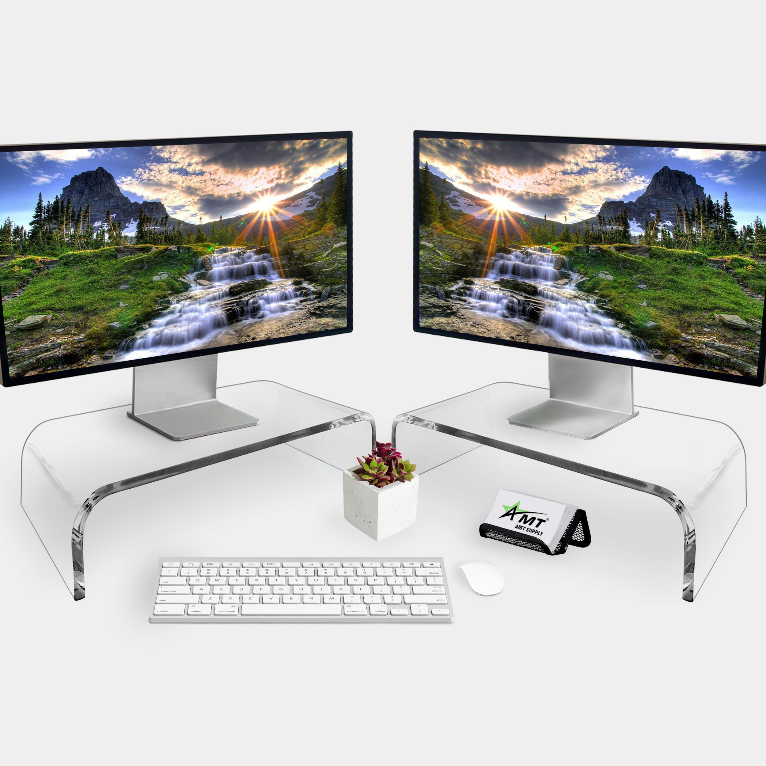 AMT 2 Pack Acrylic Laptop Monitor Stand & Computer Riser with Cat Keyboard Protector, Space-Saving Design, Extra Storage, Clear Shelf - Ideal for Monitors, Laptops, Printers, Desktop Decor