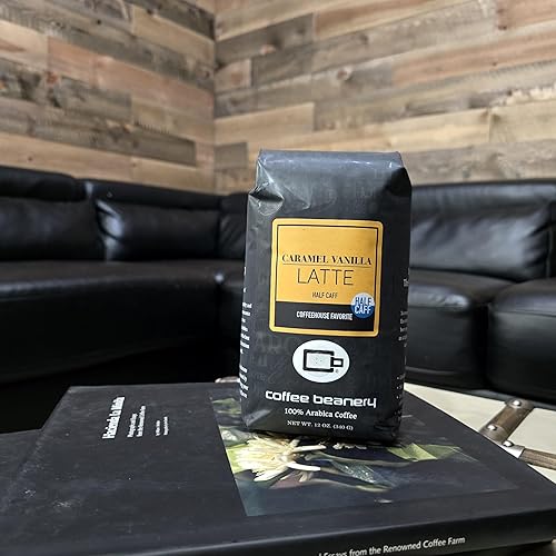 Vista 111 de Coffee Beanery Café con sabor a caramelo y vainilla con sabor a café descafeinado SWP, 1-1.75 onzas, muestra de café de tamaño Try Me, tostado