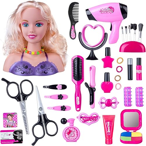 KonHaovF Cabeza de muñeca para peinar el cabello y maquillaje para niñas pequeñas, muñeca con práctica de maquillaje de cabello, juguetes de