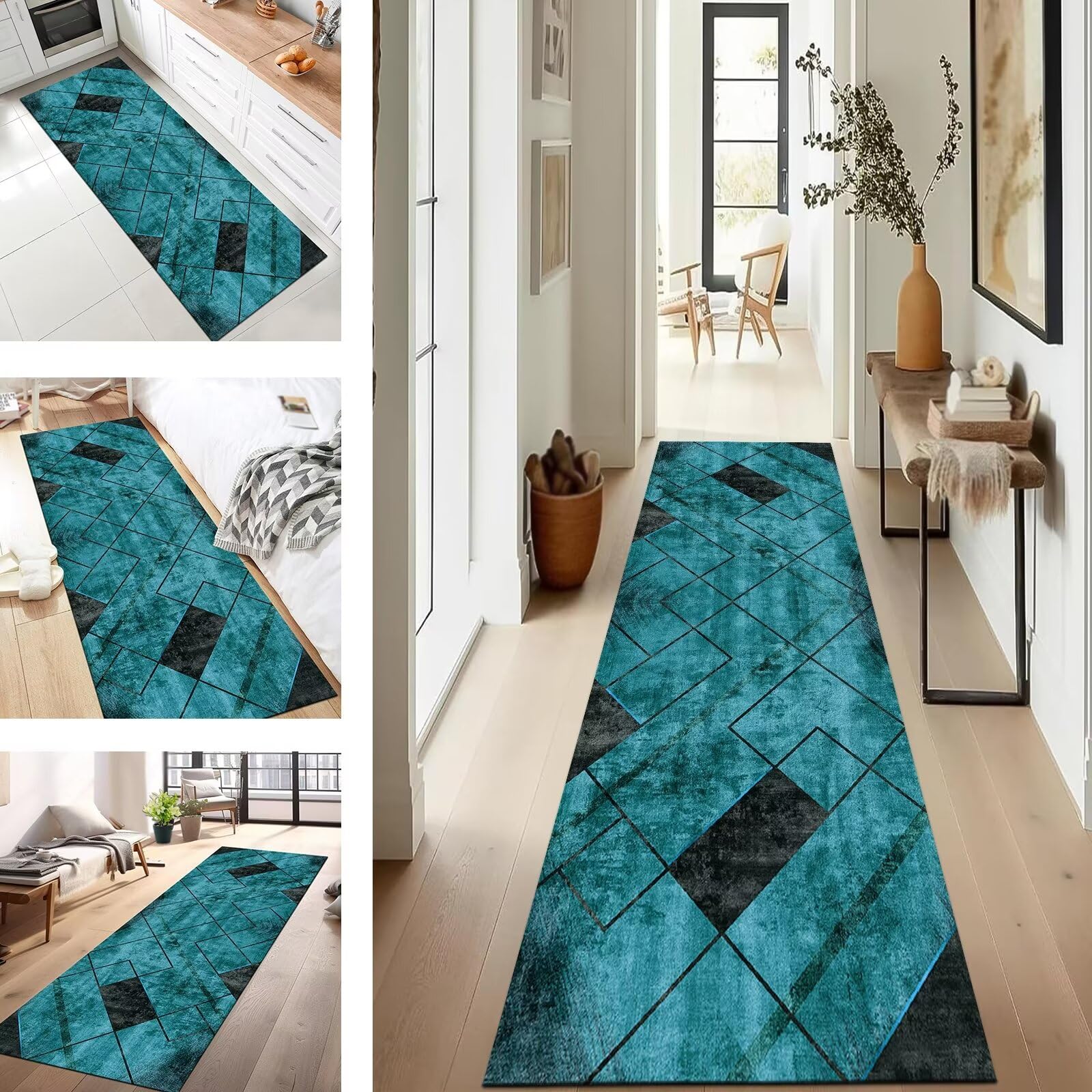 Läufer Flur Küche Waschbar rutschfest 70X140CM Teppichläufer Lang Küchenteppich Flurteppich Cyan Küchenläufer Teppichmatten Korridor Wohnzimmer Schlafzimmer Meterware Schmutzfangmatte Fußmatte