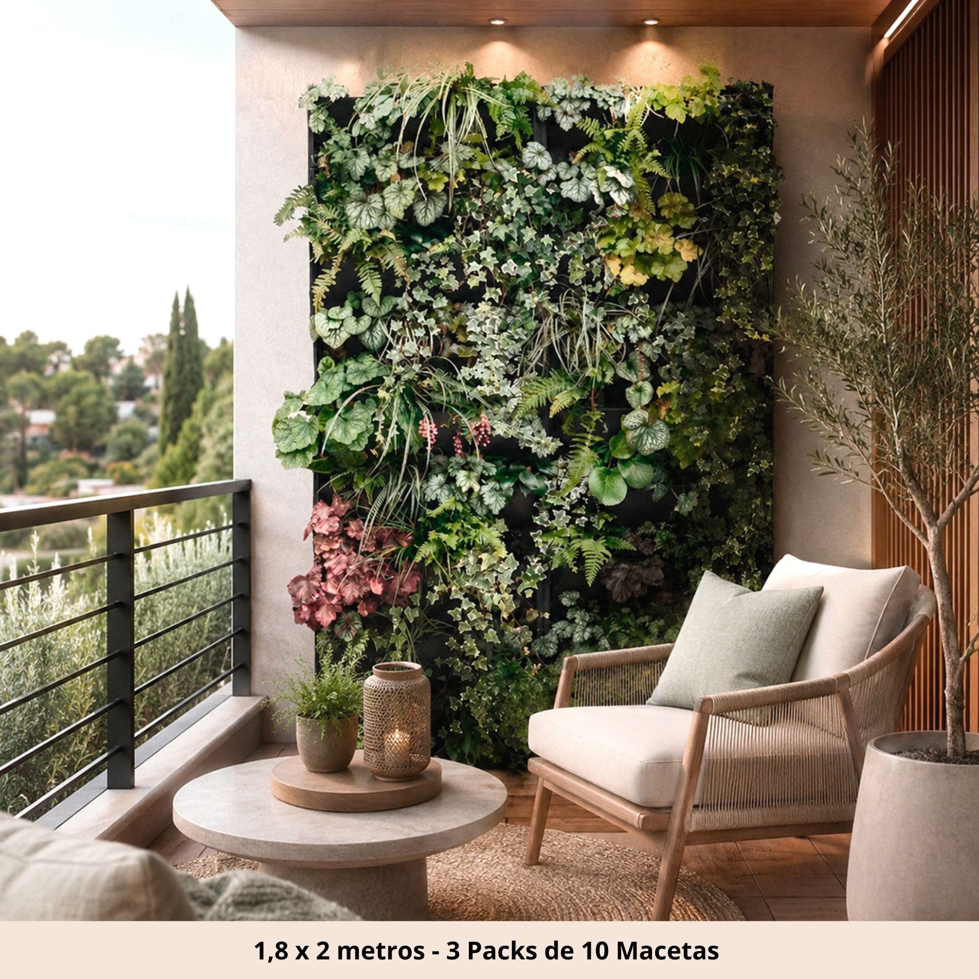 Jardín Vertical, Macetas para Jardines Verticales Naturales en Exterior o Interior, Huerto Urbano Vertical, Sistema Modular con Autorriego, 60 x 200 cm (10 Macetas)