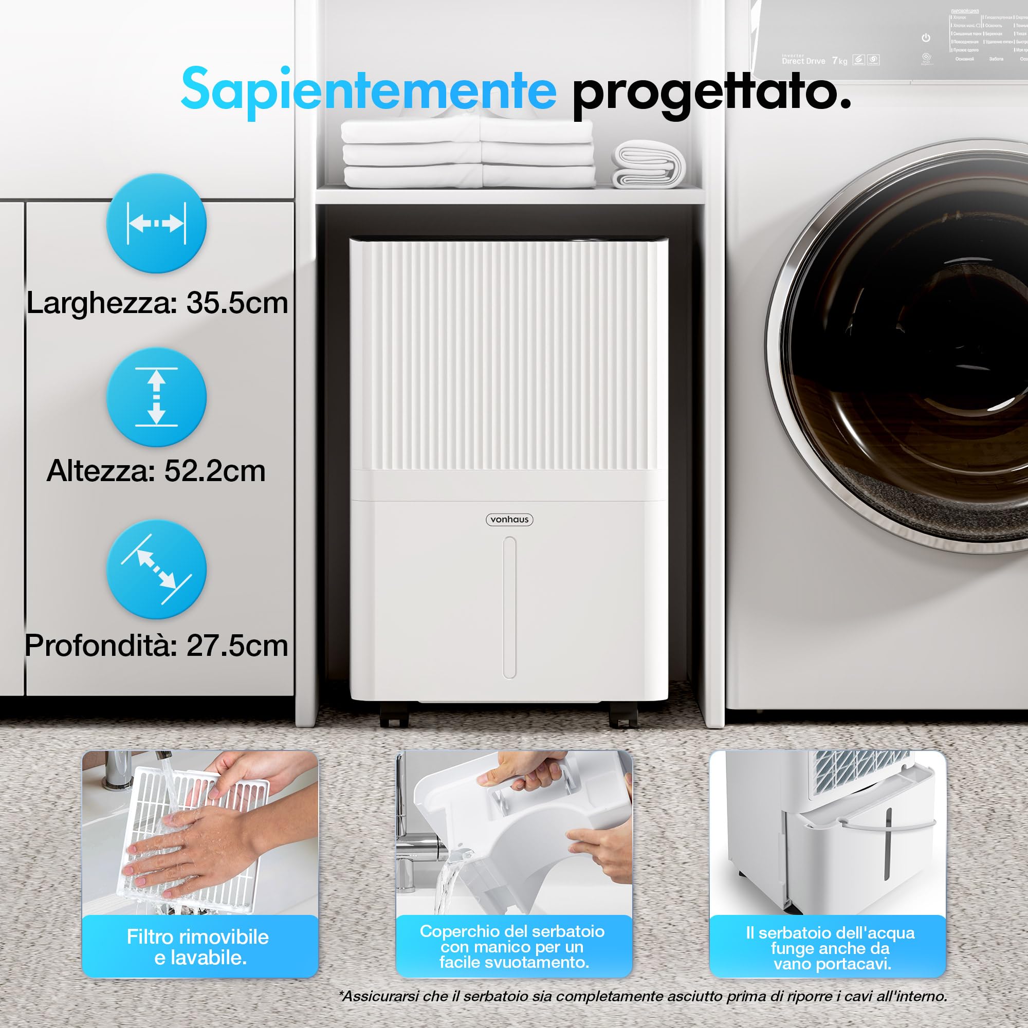 VonHaus Deumidificatore Casa 30L/Giorno con Serbatoio da 5,3L - Deumidificatore WiFi per Casa, Camera da Letto, Lavanderia - Rimuove Umidità, Condensa, Muffa e Odori - Asciuga il Bucato