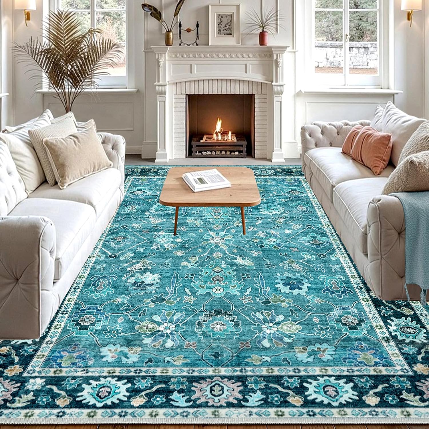 Washable Area Rug 8x10 Living Room Rugs Non-Slip with Rubber Backing Boho Area Rug Low-Pile Vintage Floral Rug Soft Retro Large Area Rugs Indoor Carpet for Bedroom, Dinning Room, Teal/Multi Teal/Multi 8x10