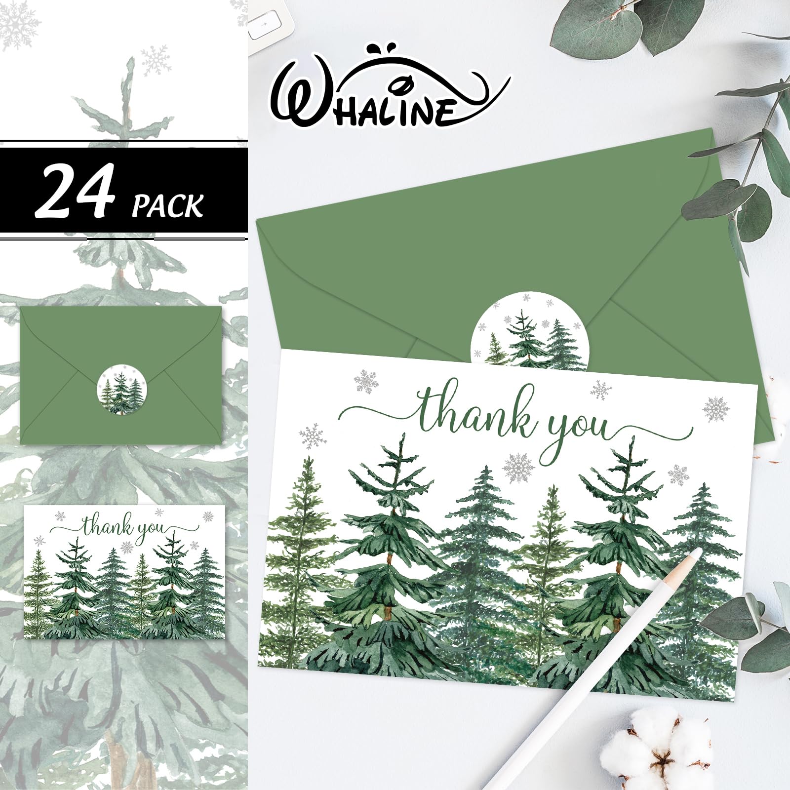 Amazon | Whaline 24パック クリスマス サンキューカード 水彩 松の木