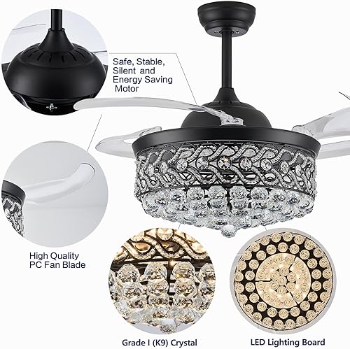 Miniatura 3 de DuMaiWay Ventilador de techo moderno de 36 pulgadas con aspas retráctiles negras con luces, lámparas regulables, kit de luz de ventilador de araña