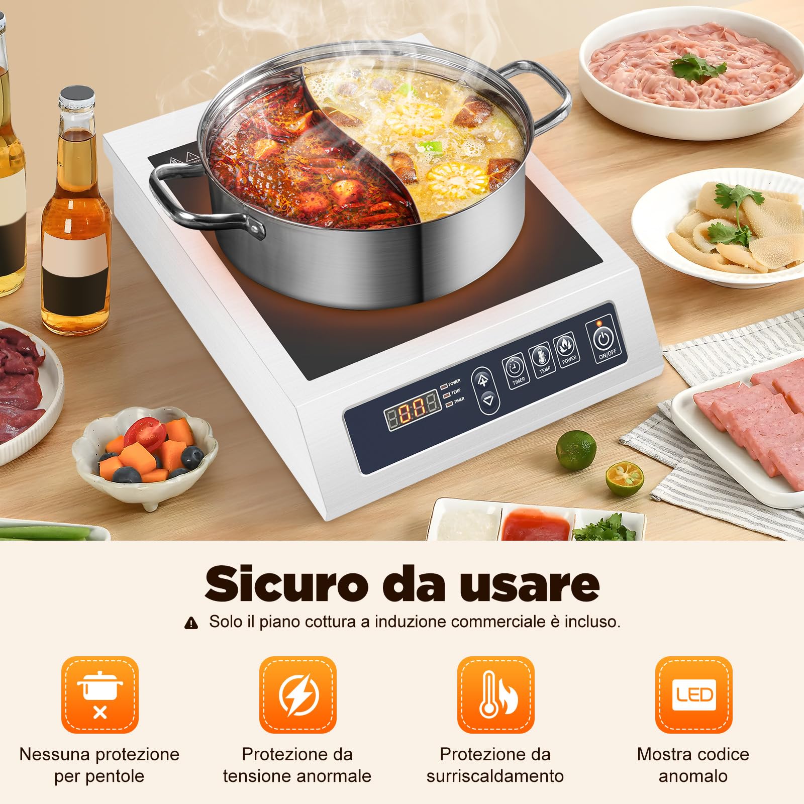 Piastra di cottura a induzione, 3500 W, 35 cm, fornello elettrico a induzione, 75 kg, grande piano cottura a induzione, 1 piastra per diametro 12 – Ø 30 cm, in acciaio inox piatto magnetico, smaltato