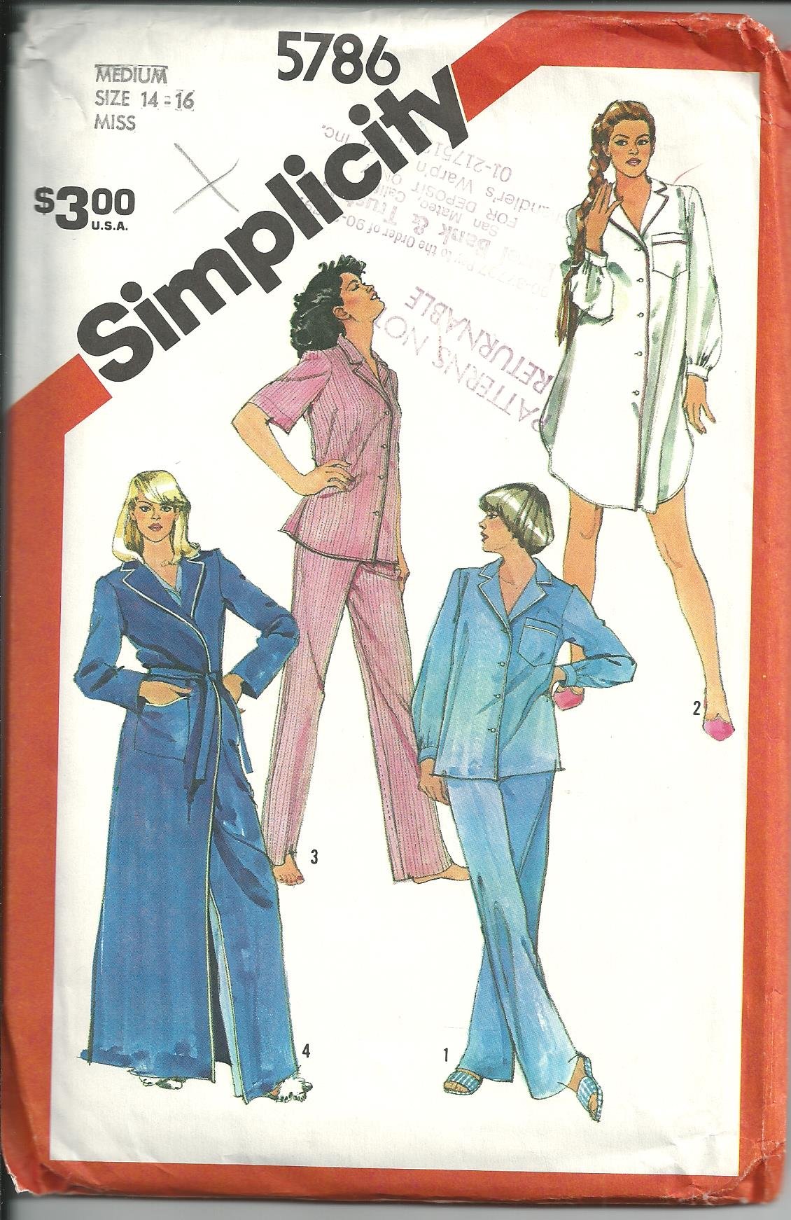 Pyjama sur mesure Simplicity Vintage 5786 patron rétro trois-en-un taille 42-44