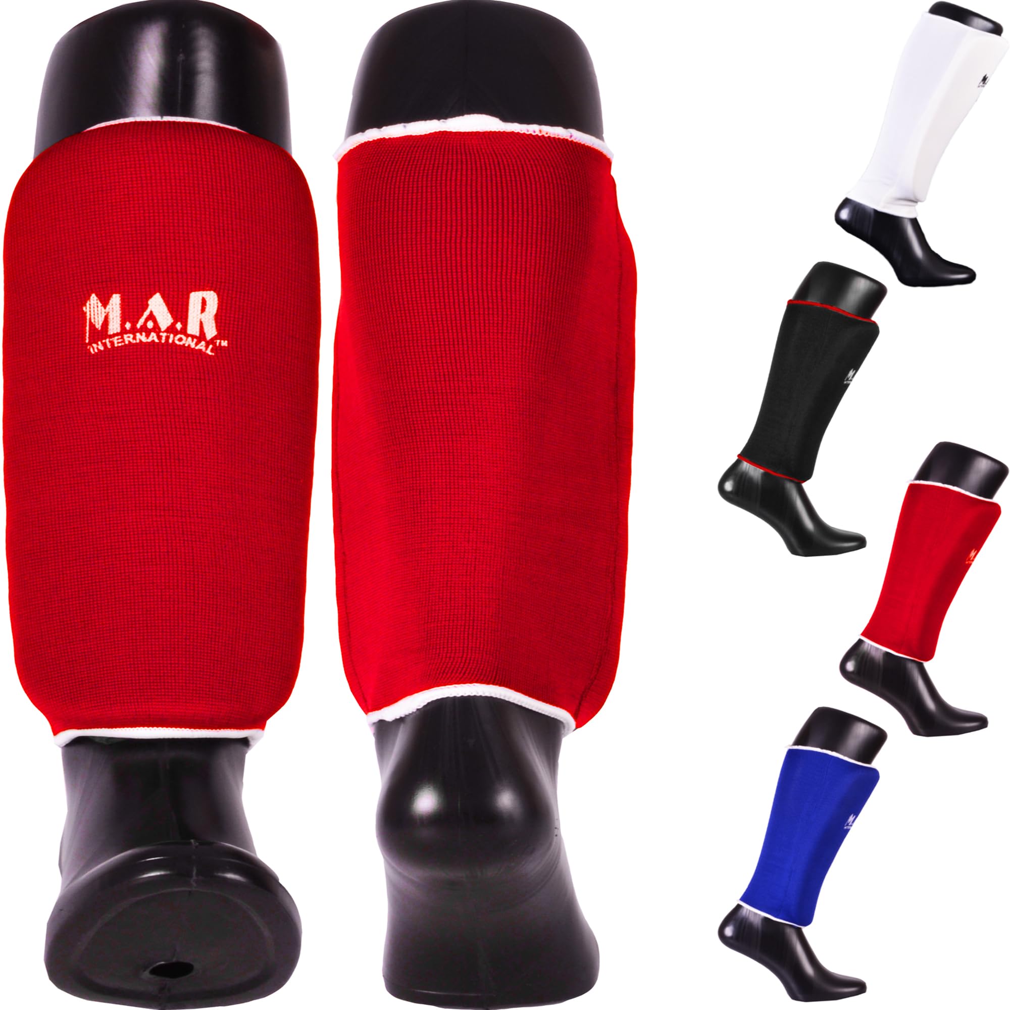 MAR | Red Elasticated Shin Guards for Contact Sports, Slip-On Design with Layered Foam Padding, Training Shin Pads for Kickboxing, Muay Thai, MMA, Karate, Taekwondo & More, Wrestling Kickpads (M) — image 1