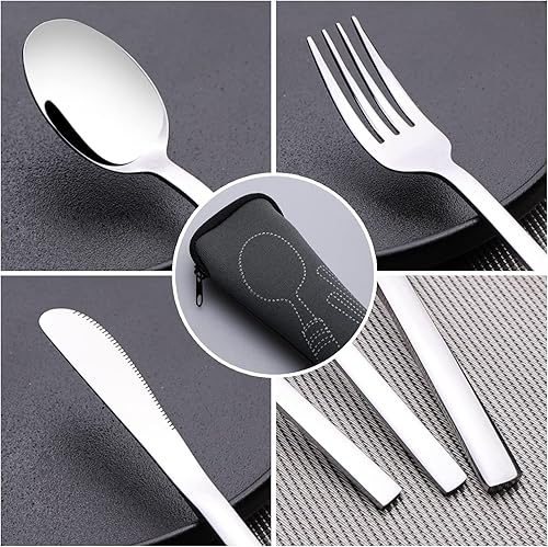 Miniatura 3 de Cubiertos de viaje de acero inoxidable de 3 piezas para la escuela, oficina, empresa, cubiertos de camping con estuche de transporte