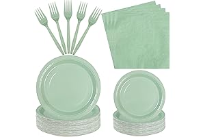 Sage Green Party Tableware Set with Light Green Paper Plates, Napkins, and Forks